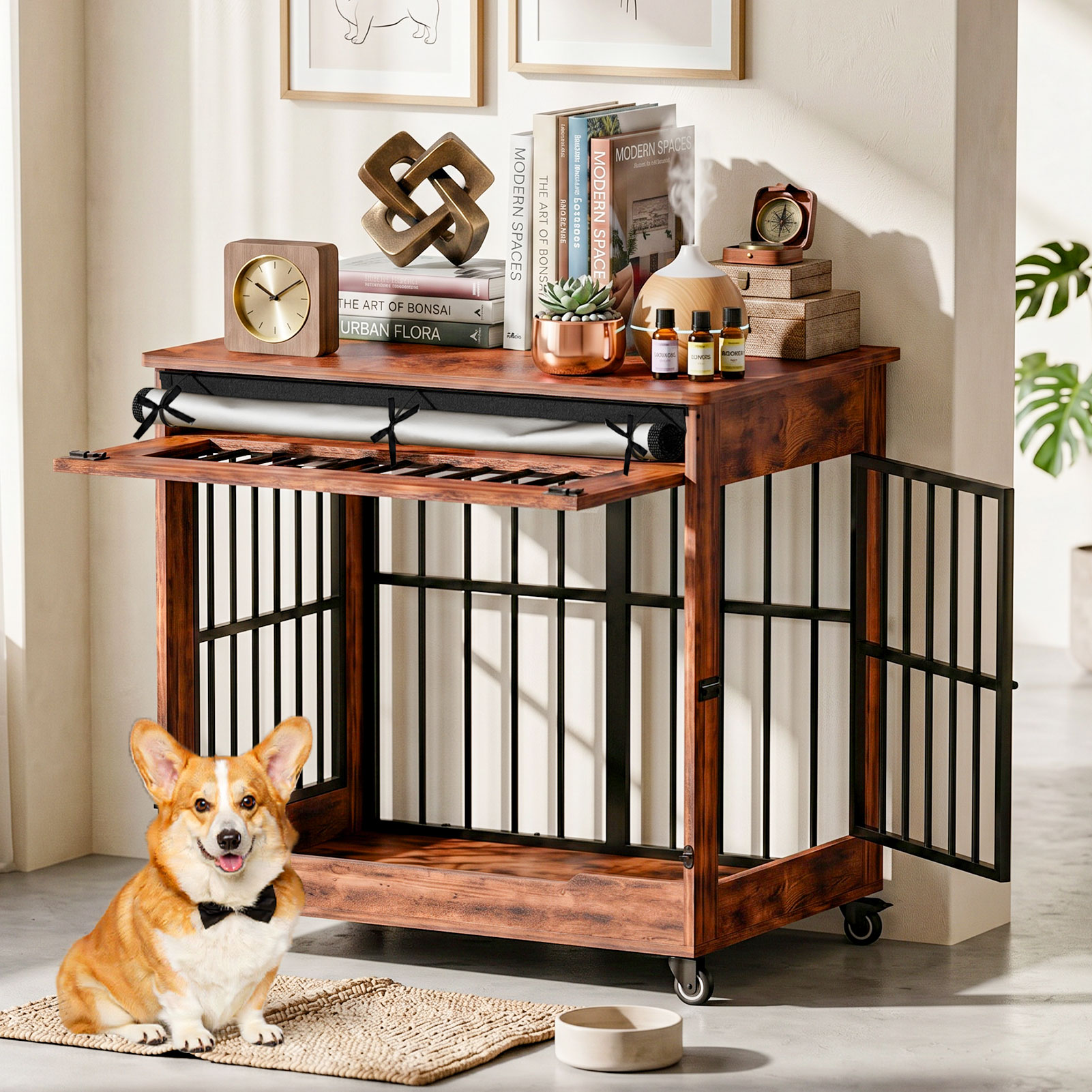 Dog Crate Furniture, Double Door Wooden Indoor Dog Kennel Furniture, Decorative Pet Cage End Table With Wheels For Medium And Small Breed Dogs, Size M, Greige — image 1