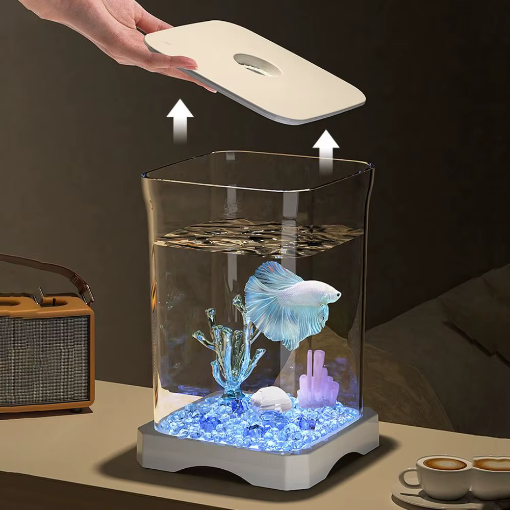Pecera de Acrílico para Betta, Extraíble, de Alta Transparencia, Mini Pecera para Peces Dorados con Orificio para Alimentar, Pecera Pequeña de Paisajismo — imagen 5