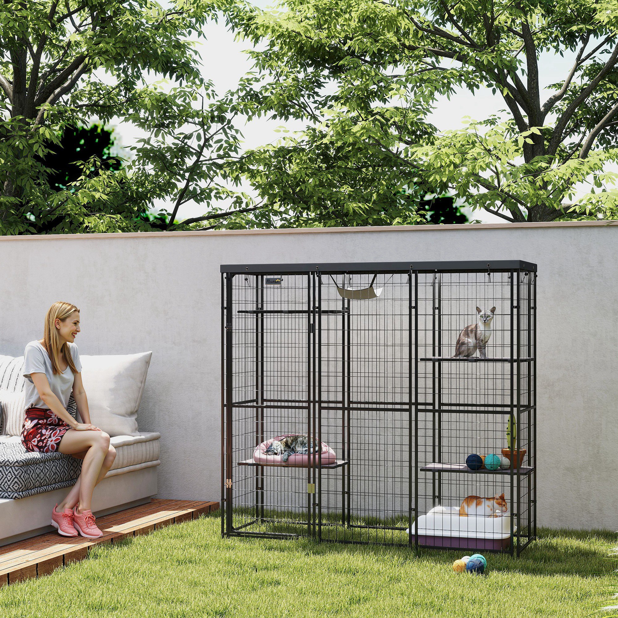 Weld Wire Catio Outdoor Indoor with Waterproof Cover, 4 Jumping Platforms, Hammock, for 1-3 Kittens, 69" x 22" x 62" — image 6