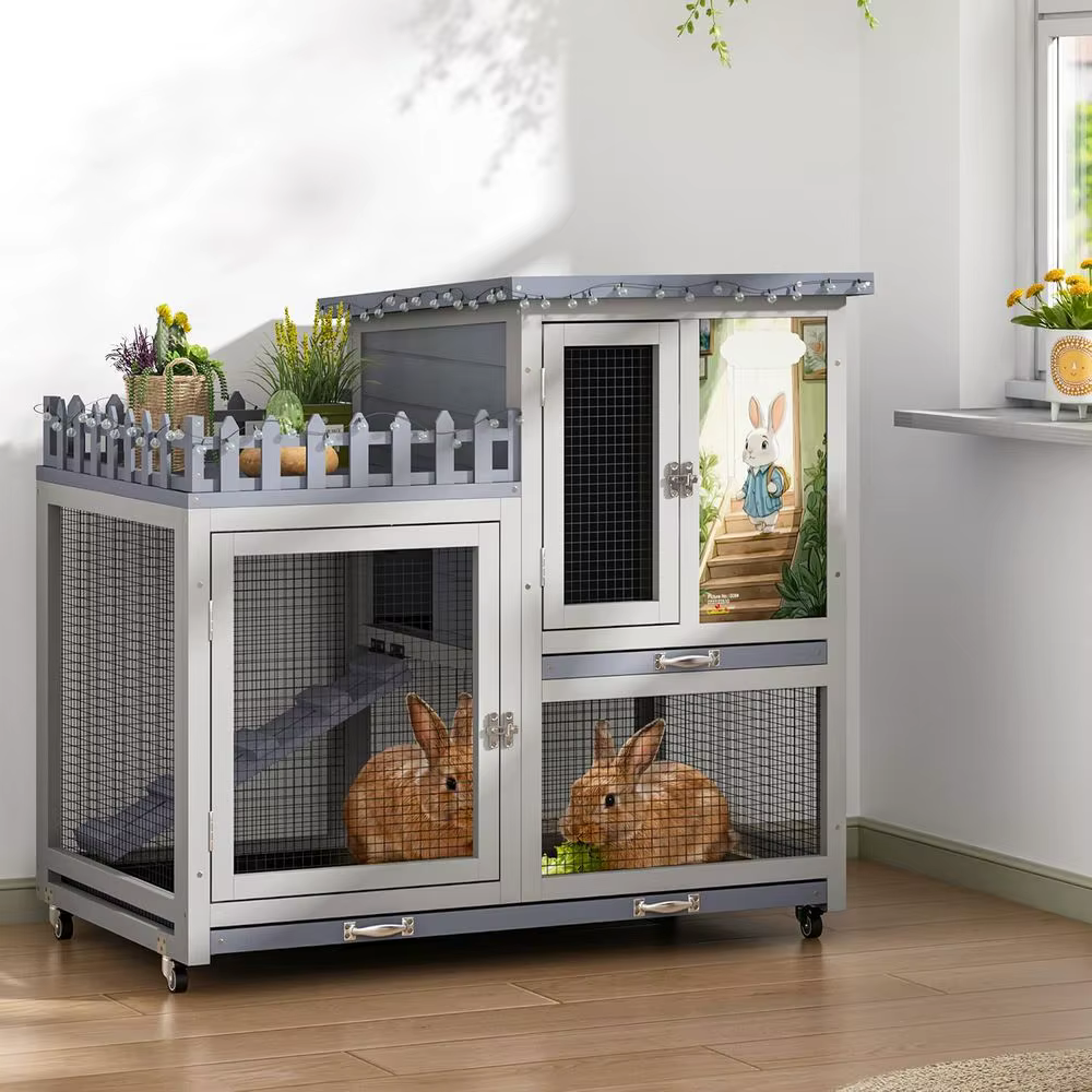 Wood Rabbit Hutch with Balcony Small Animal House Bunny Cage on Wheels | Ideal or multiple small animals, eaturing chewproo p & — image 1