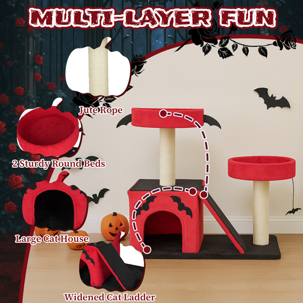 Árbol de Gato Gótico para Halloween - Área de Descanso con Condo Espacioso y Perchas Acolchadas, Postes de Rastrillado y Juguetes de Araña para Gatos Grandes, Rojo y Negro — imagen 10