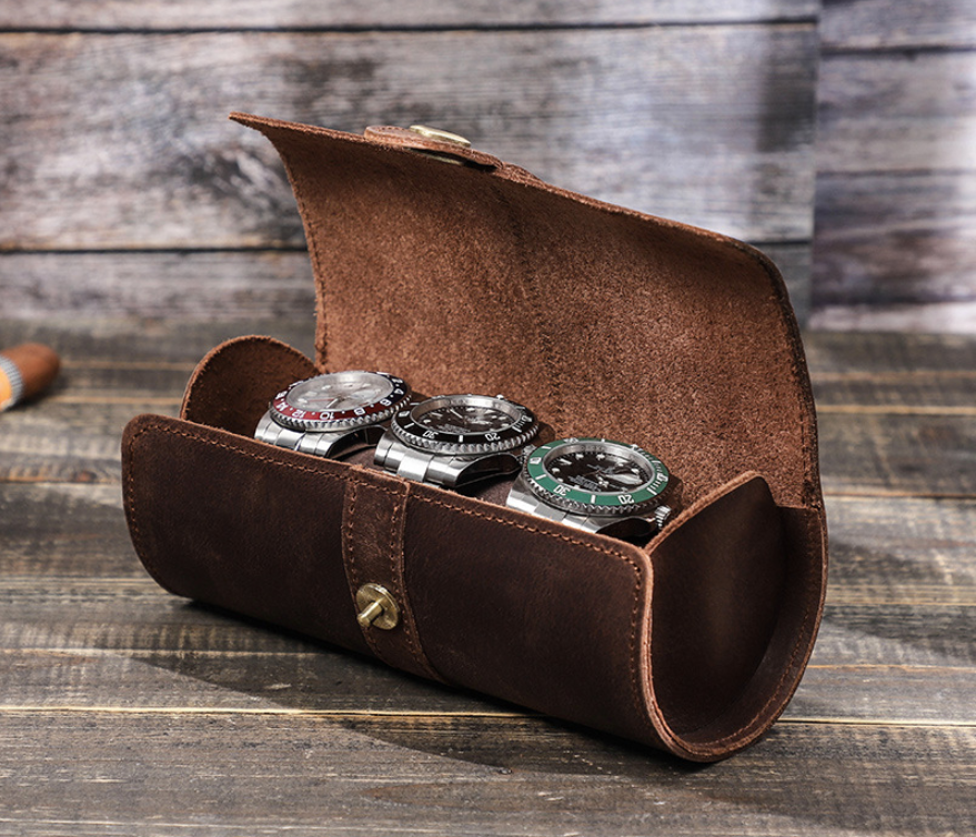 CONTACTS FAMILY Vintage Crazy Horse Leather Watch Storage Box with Round Buckle Clasp - 3 Pack — image 1
