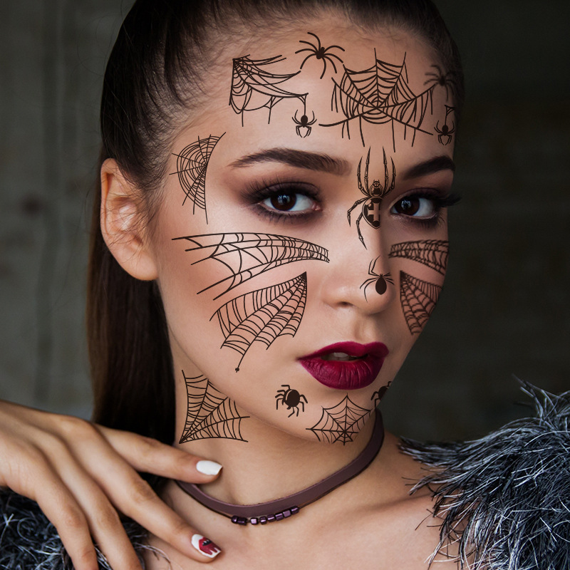 Estampas de tatuaje para Halloween, estampas faciales, estampas de red de araña, estampas temporales impermeables, estilo oscuro divertido — imagen 2