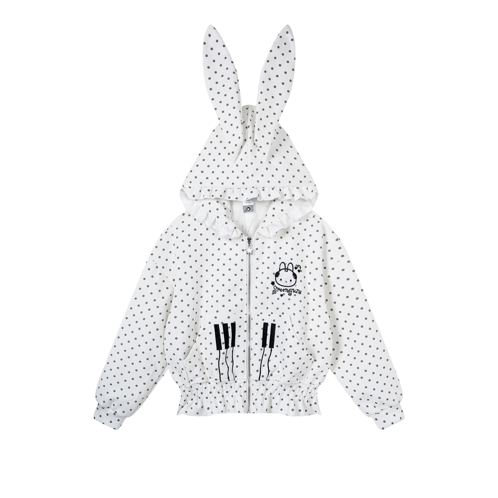 Polka Dot Rabbit Ear Hooded Crop Cardigan with Ruffle Waist and Cute Embroidery — image 1