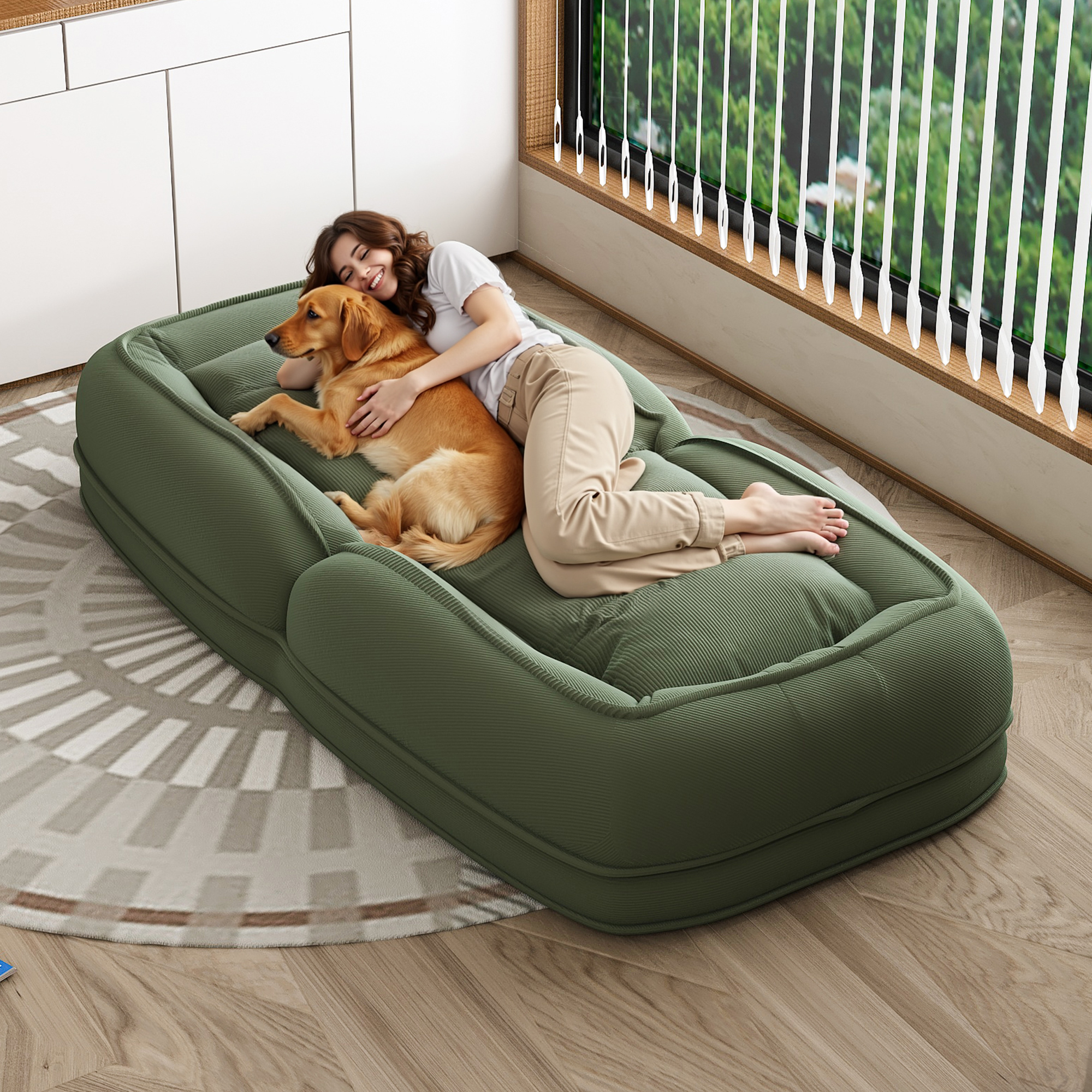 Silla-Cama Acogedora para Adultos y Mascotas con 5 Posiciones Ajustables, Incluye 2 Almohadillas Suaves para Dormitorio, Salón y Rincón de Lectura Verde — imagen 5