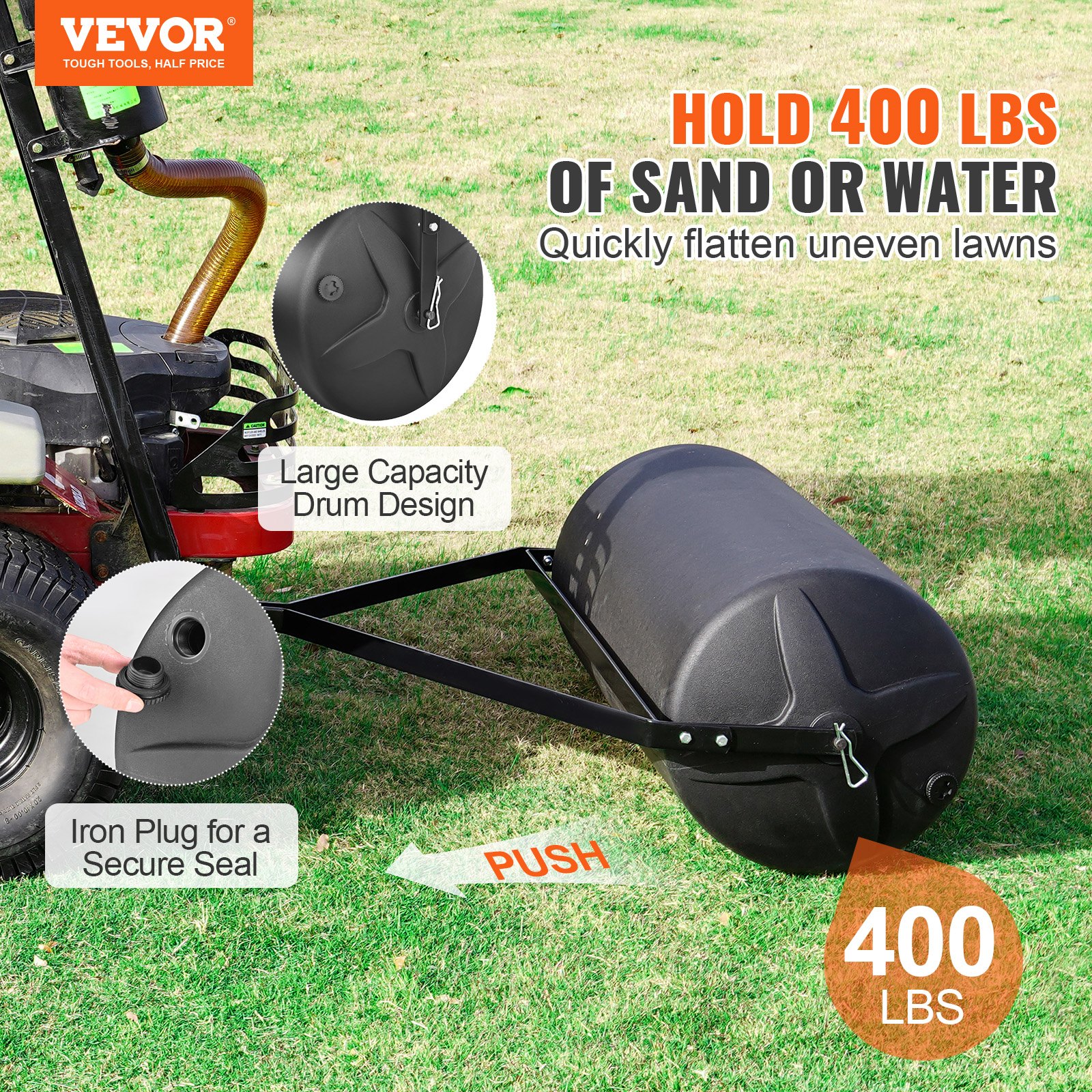 Rodillo de Cosecha Tras de Tractor o ATV, 400 lbs Capacidad para Arena o Agua, Estructura de Acero y Tambor LLDPE con Conector Fácil de Rotación para Jardín, Parque, Granja — imagen 2