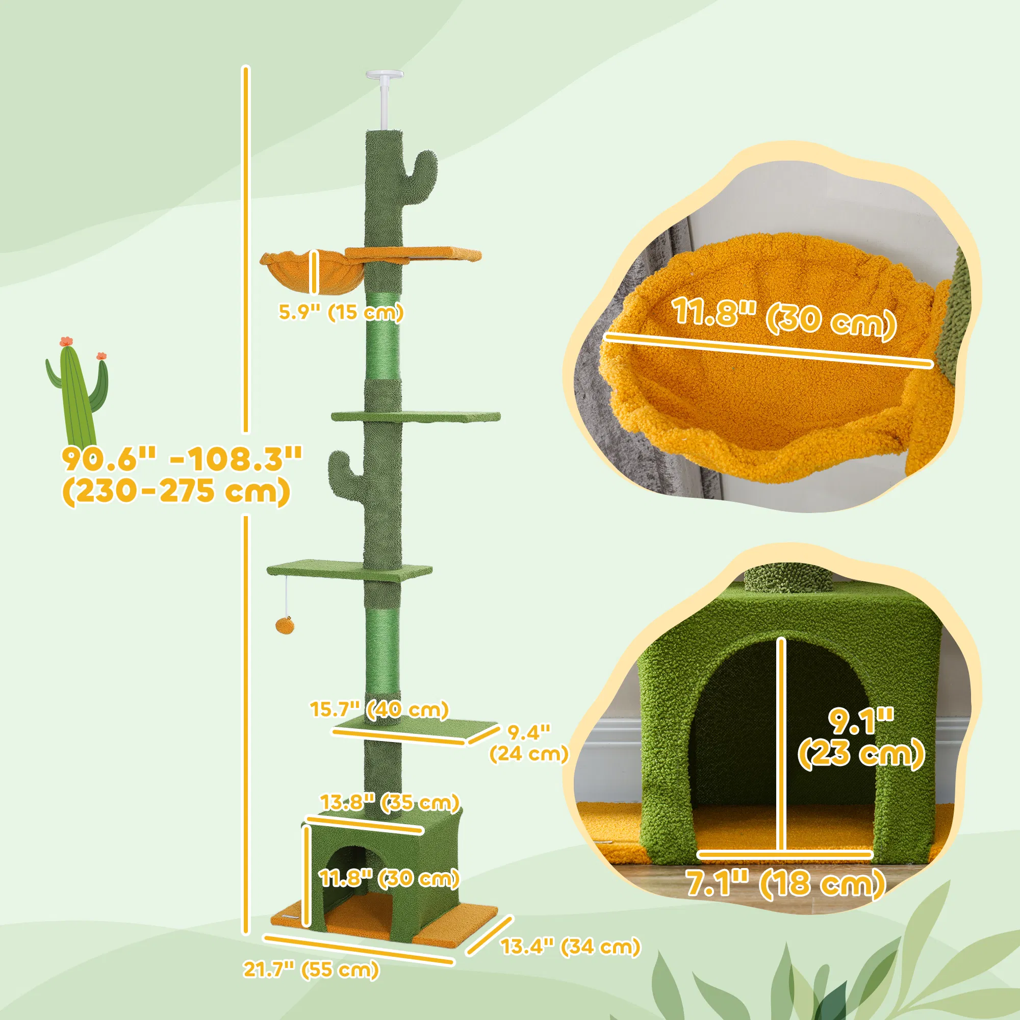 Floor to Ceiling Cat TreeTower with 90.5"-108" Adjustable Height, Scratching Posts, Hammock, Comdo, Toy Ball, Green — image 2