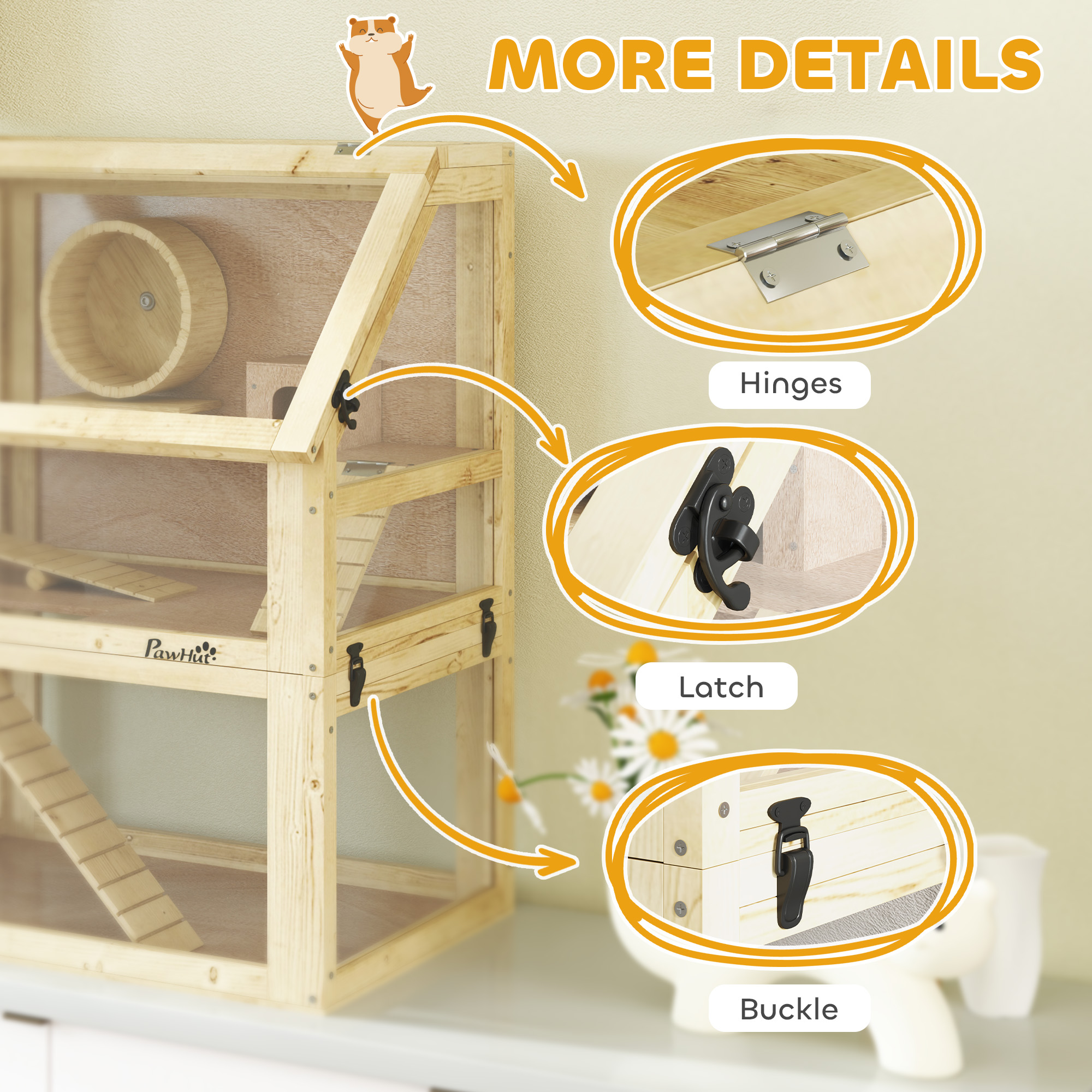 Jaula de Madera para Hámster de 3 Niveles con Base Desmontable, Casita, Balancín, Rueda de Ejercicio y Rampas, 24" x 16" x 29.5" — imagen 5