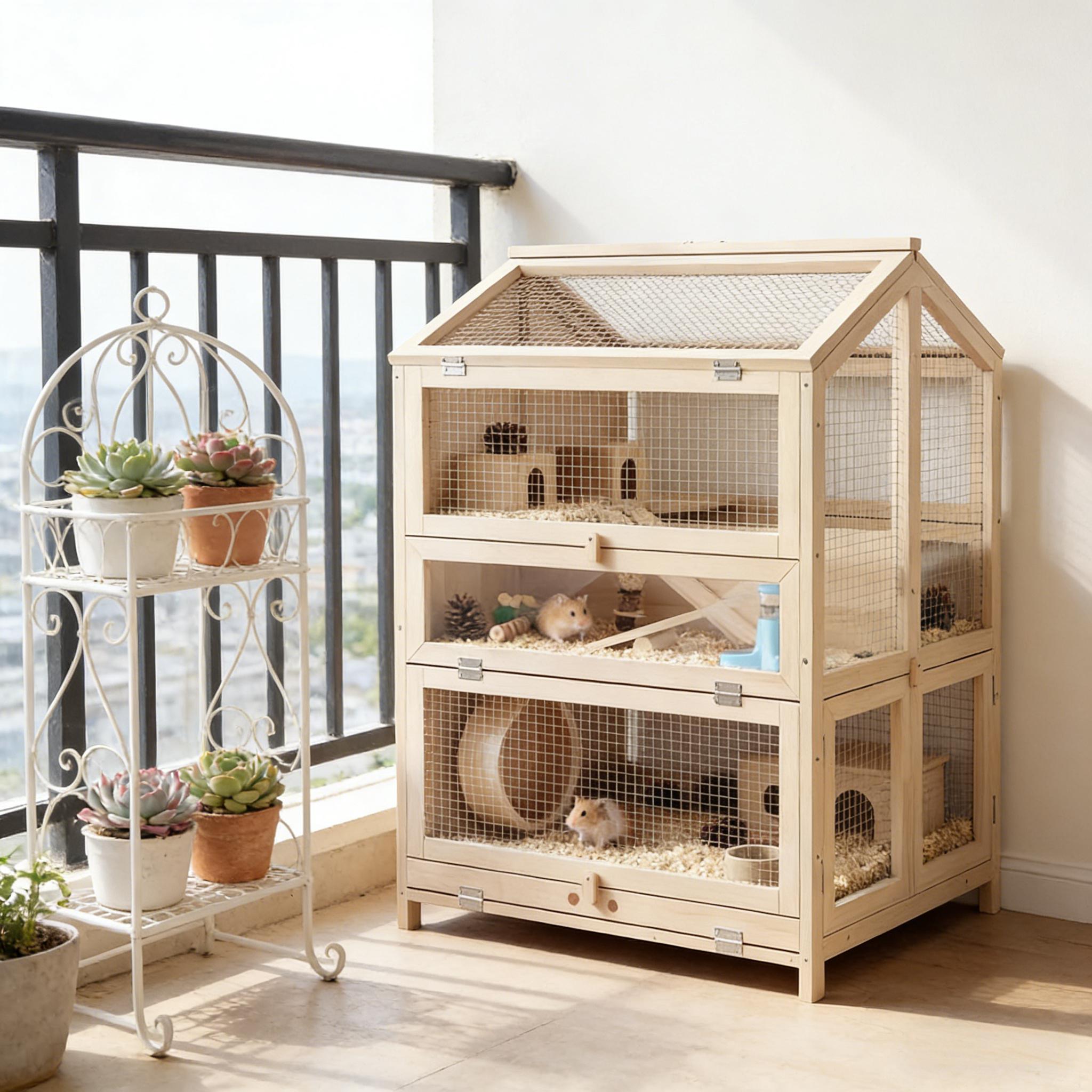 Small Animals Cage, 3 Tier Pet Cage, Wooden Hamster Cage — image 1