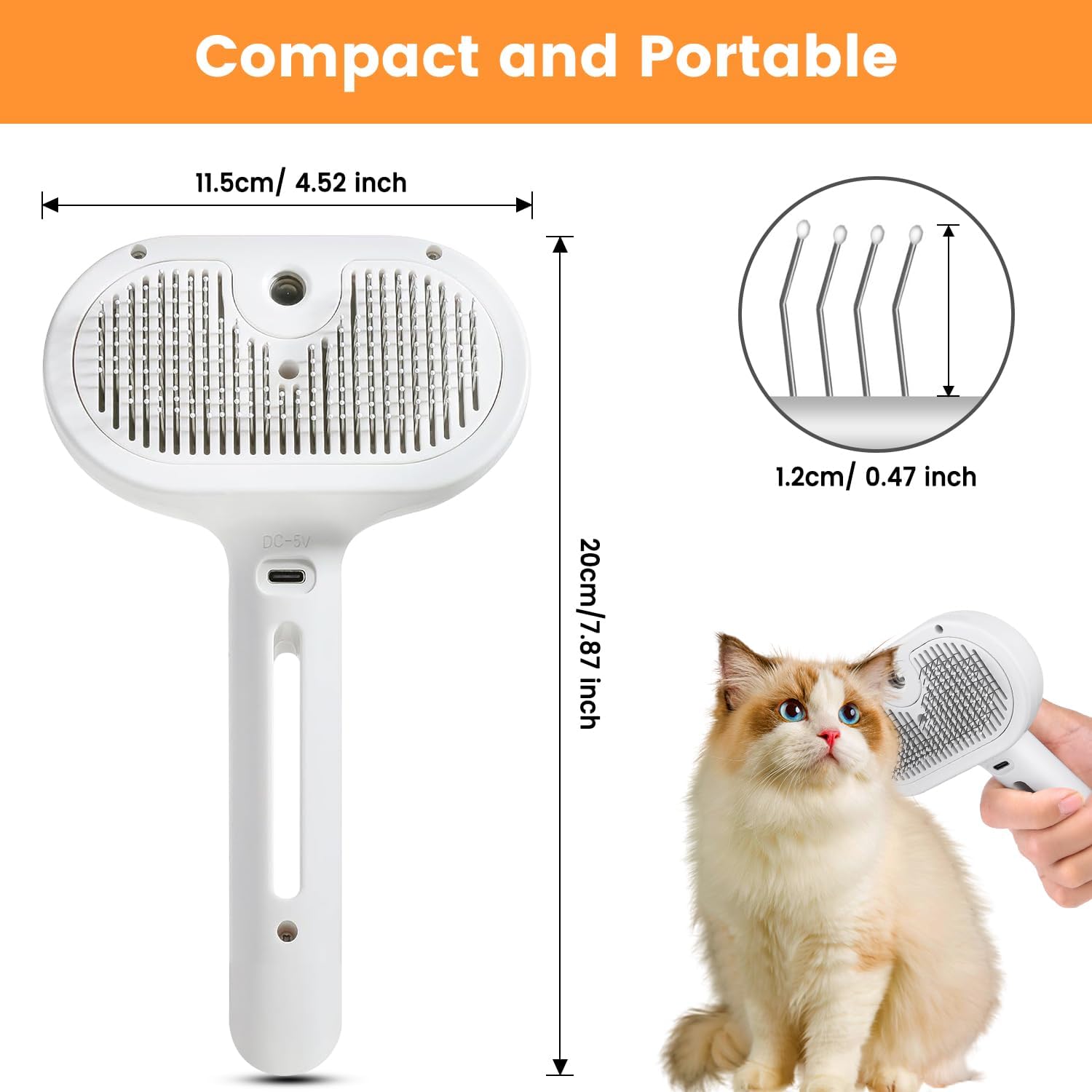 Cepillo de Vapor 3 en 1 para Gatos, Cepillo de Vapor para Mascotas de Pelo Largo y Corto, Peine con Spray para Eliminar Pelo en Animales Pequeños, Cepillo con Rociador de Niebla de Agua y Botón de Liberación — imagen 8