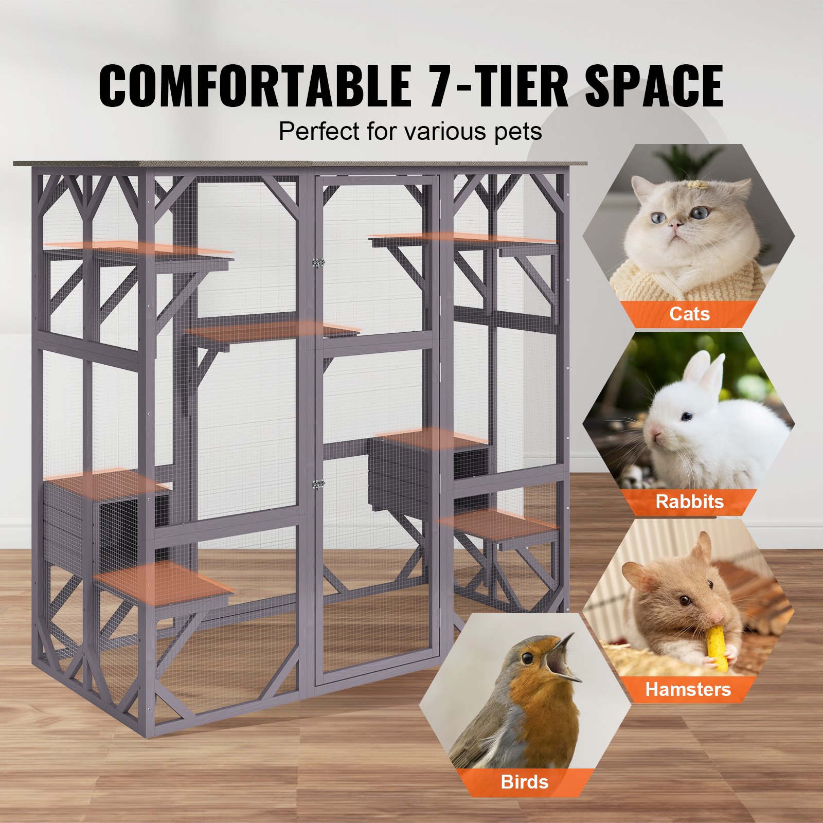 Casa para Gatos Exterior, 7 Niveles Grande Catio con 5 Plataformas, 2 Casillas de Descanso y Puerta Principal Grande, 71.2 x 34.6 x 66.5 Pulgadas — imagen 2