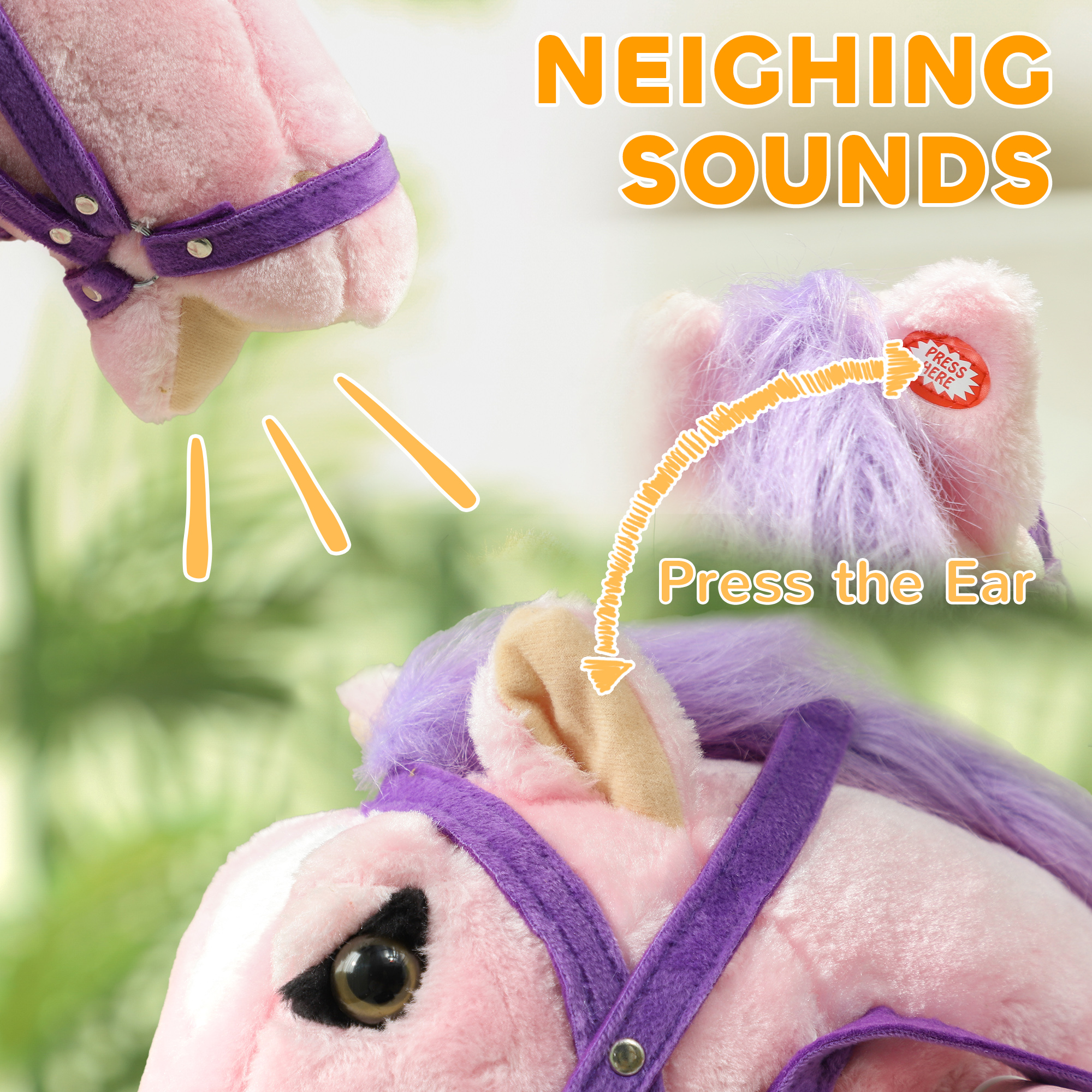 Spring Rocking Horse, Kids Ride On Horse, Plush Horse Ride-on W/ Sounds & Foot Stirrups For Kids 3-8 Years, Pink — image 3