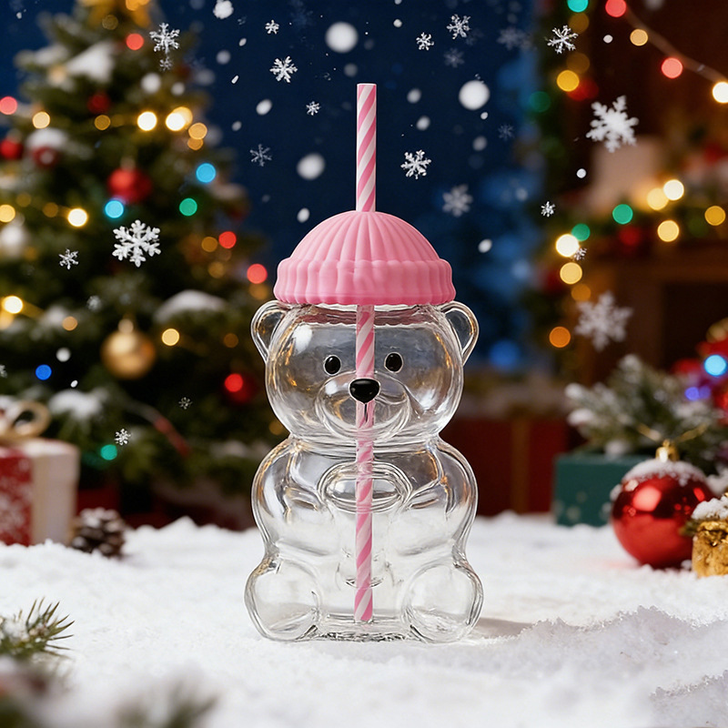 Taza de vidrio en forma de oso de peluche animado para Navidad - Taza con paja grande capacidad — imagen 6
