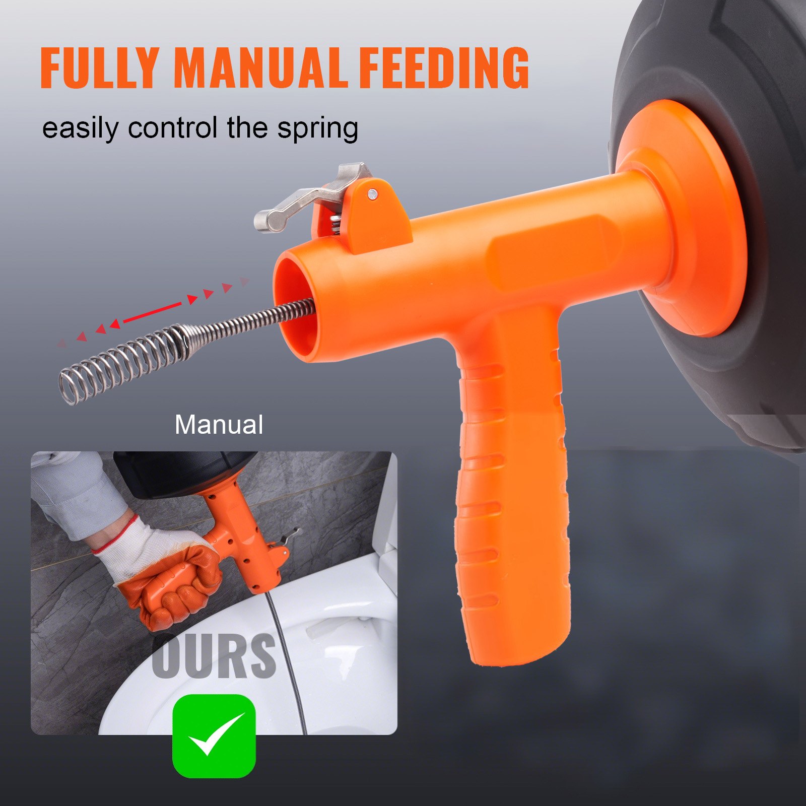 Limpia de Drenaje Automático 25 pies, Serpiente de Plomería con Alimentación Automática, Accesorio para Taladro, Limpia Codos de Drenaje para Cocina, Baño, Ducha y Fregadero con Protección de Manguera y Guantes — imagen 3