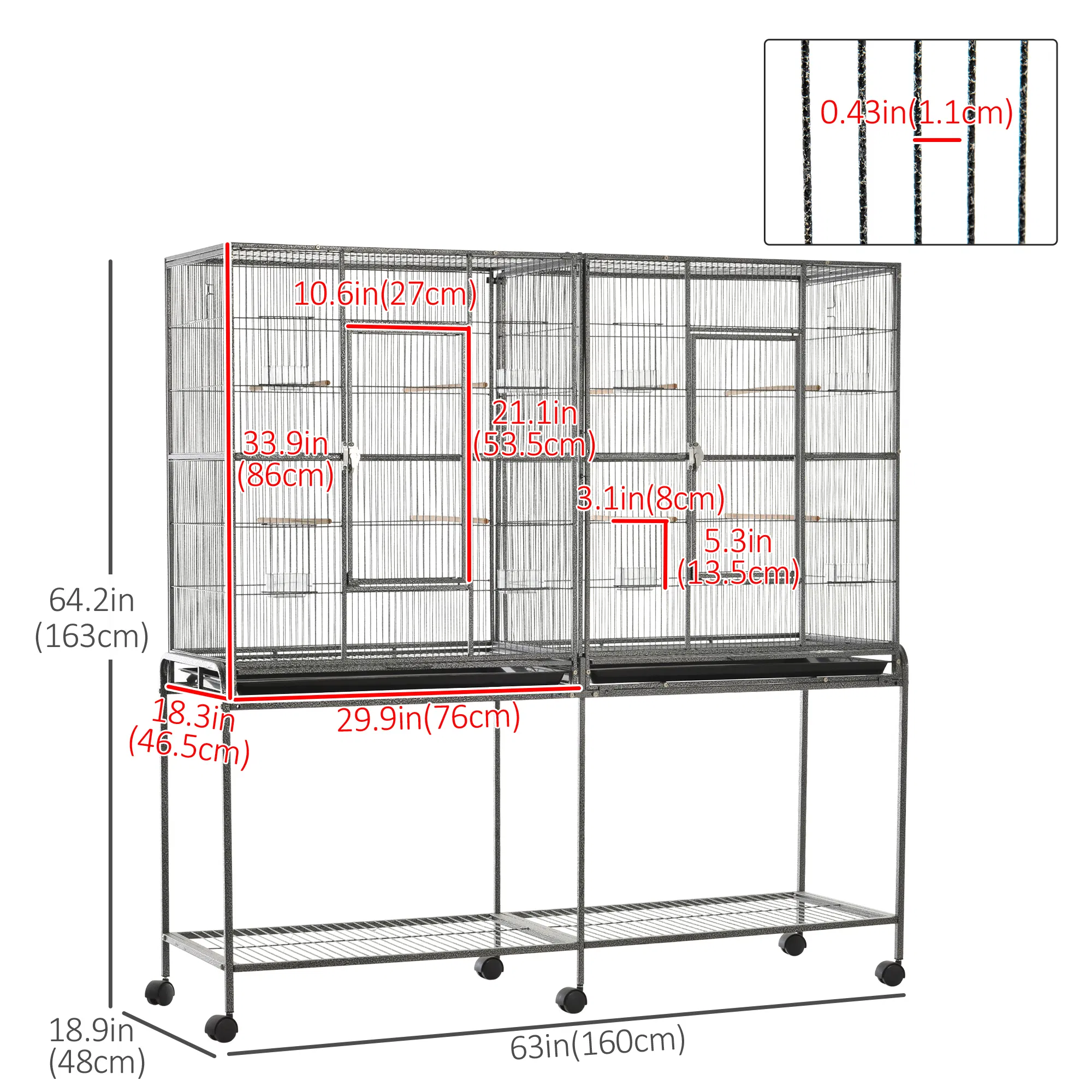 64" Extra Large Bird Cage, Rolling Metal Parrot Cage, Bird House with Detachable Rolling Stand, Storage Shelf, Wood Perch, Food Container, 62.8" x 18.9" x 64.2" — image 5