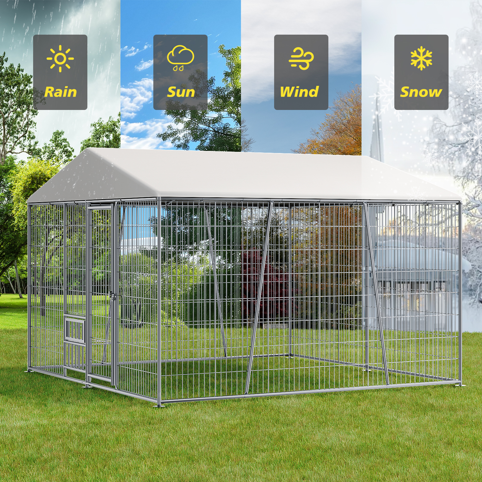 Caniles para Perro Exterior de 10 x 10 Pies, Alta Resistencia, con Plato para Alimentar, Techo Impermeable de Cobertura Total, Malla de Alambre de Fácil Ensamblaje con Cerradura Segura — imagen 3
