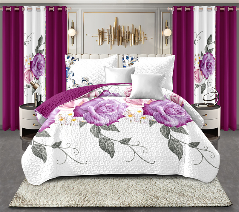 Set de Edredón y Cortinas de 9 Piezas 'Habitación en una Bolsa', Diseño Americano con Estampado Floral de Rosas Magenta y Morado Intenso, Colcha Gruesa con 6 Paneles de Cortina Personalizables, Apto para Mascotas de Alto Gramaje — imagen 13