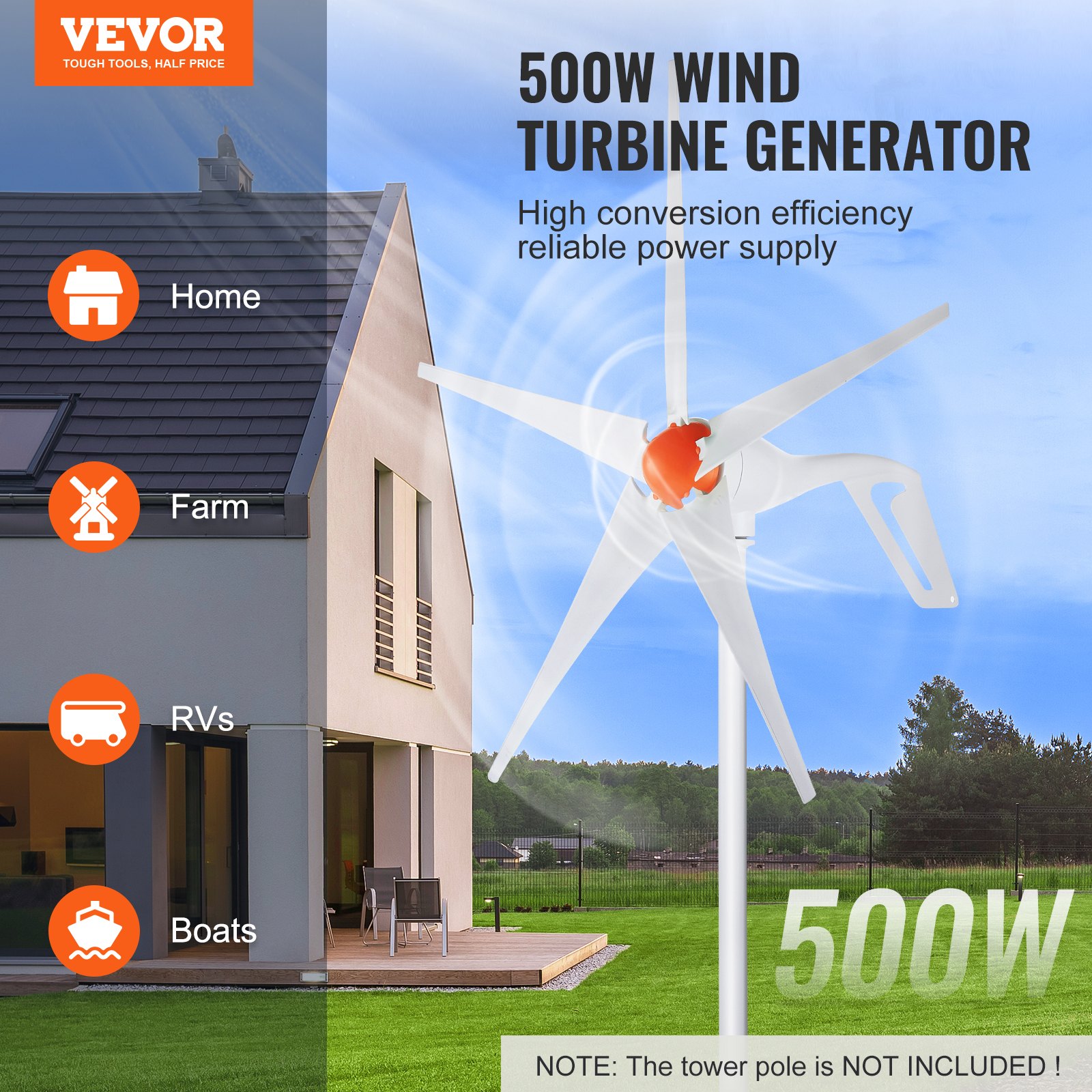 500W Wind Turbine Generator, 12V Wind Turbine Kit, 5-Blade Wind Power Generator With MPPT Controller, Adjustable Windward Direction & 2.5m/s Start Wind Speed, Suitable For Home, Farm, RVs, Boats — imagen 3