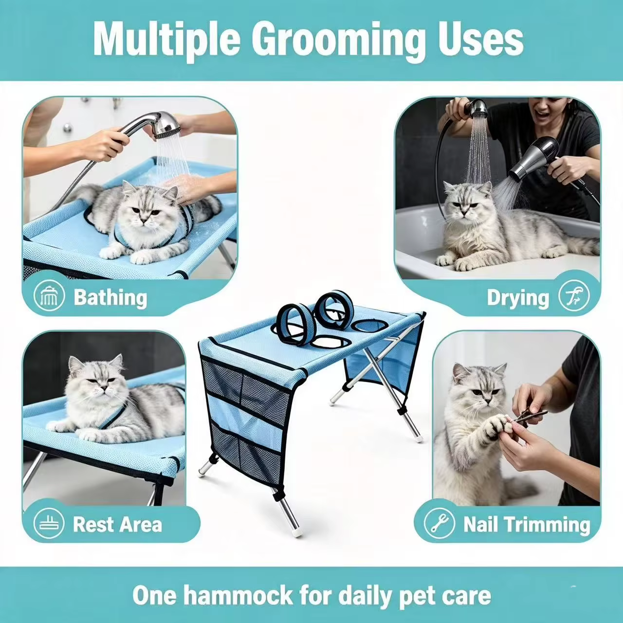 Multi-Function Pet Grooming Hammock, Foldable Pet Bathing and Drying Station with Stable Frame, Breathable Mesh Rest Holder for — image 5