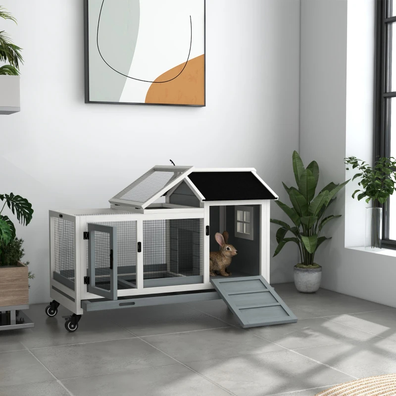 Wooden Rabbit Hutch With Wheels, Run, Slide-out Tray For Small Animals, Guinea Pig, Blue — imagen 8