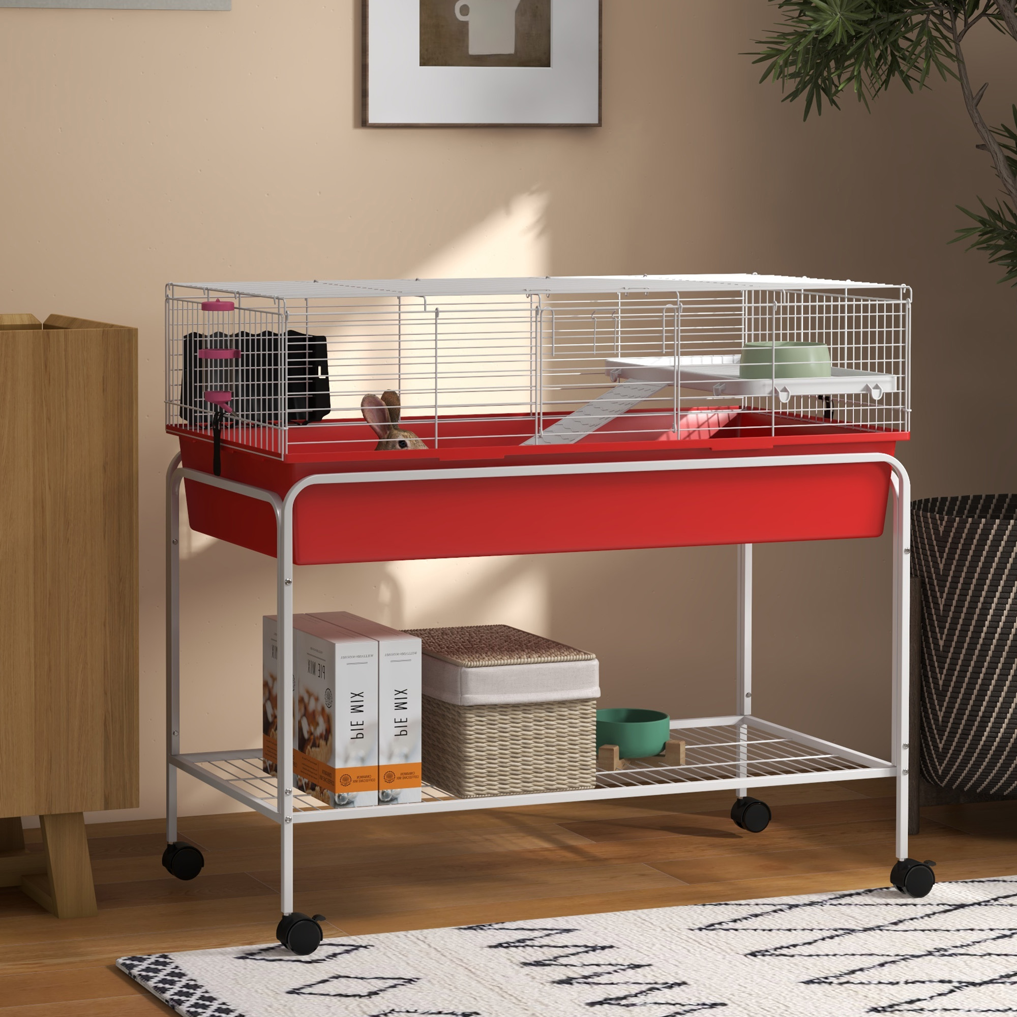 Two-Story Small Animal Cage Removable from Stand, Pet Habitat with Shelf & Wheels, 39" x 20.5" x 36.5", Red — imagen 1