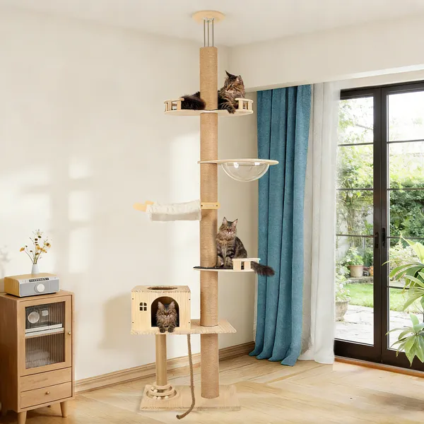 Árbol de Gatos de Piso a Techo, 6 Niveles con Altura Ajustable, Postes de Rastrillado Espesados, Centro de Actividad para Gatos con Capsula Transparente y Hammock Acogedor — imagen 1