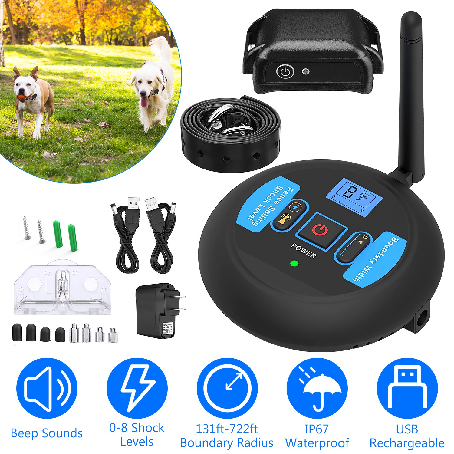 1 Juego de Cerca Eléctrica Inalámbrica para Perros Sistema de Contención Perimetral con Descarga, Collar de Entrenamiento Eléctrico para Perros Pequeños, Medianos y Grandes — imagen 1