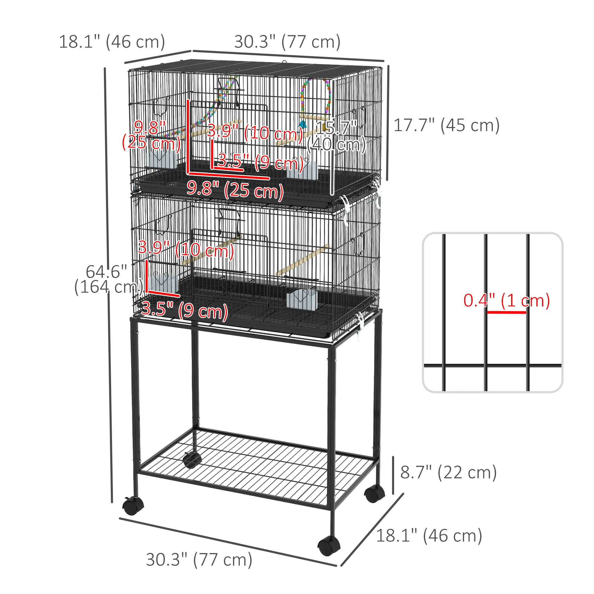 65" Birdcage for Canaries, Lovebirds Finches, Budgie Cage with Wheels, Black — image 6