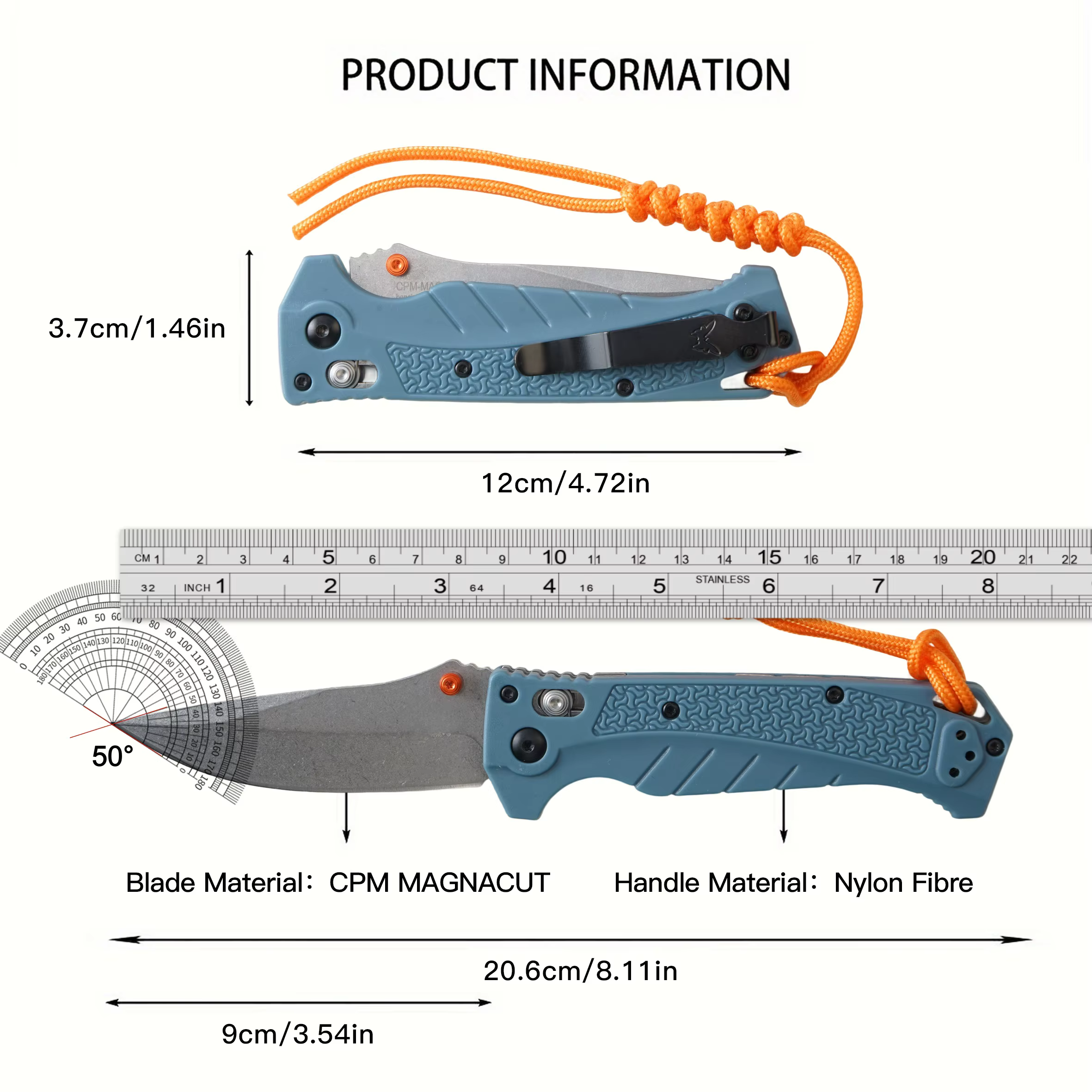 BM18060 Folding Pocket Knife Blue Handle CPM MAGNACUT Blade Nylon Fiber Handle Gift Knife US Warehouse Custom Retail — image 7