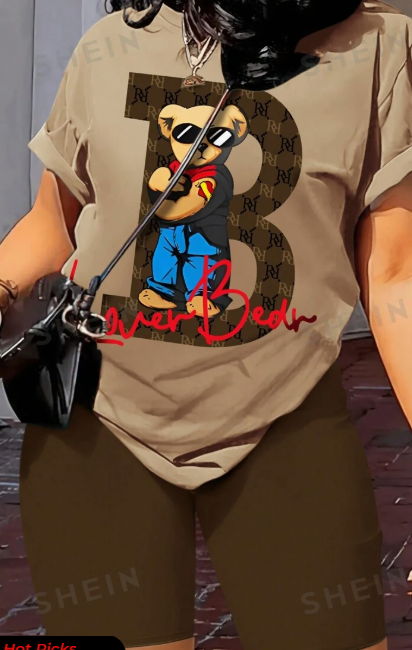 Camiseta con Estampado de Oso y Pantalones de Color Único 2 piezas — imagen 1