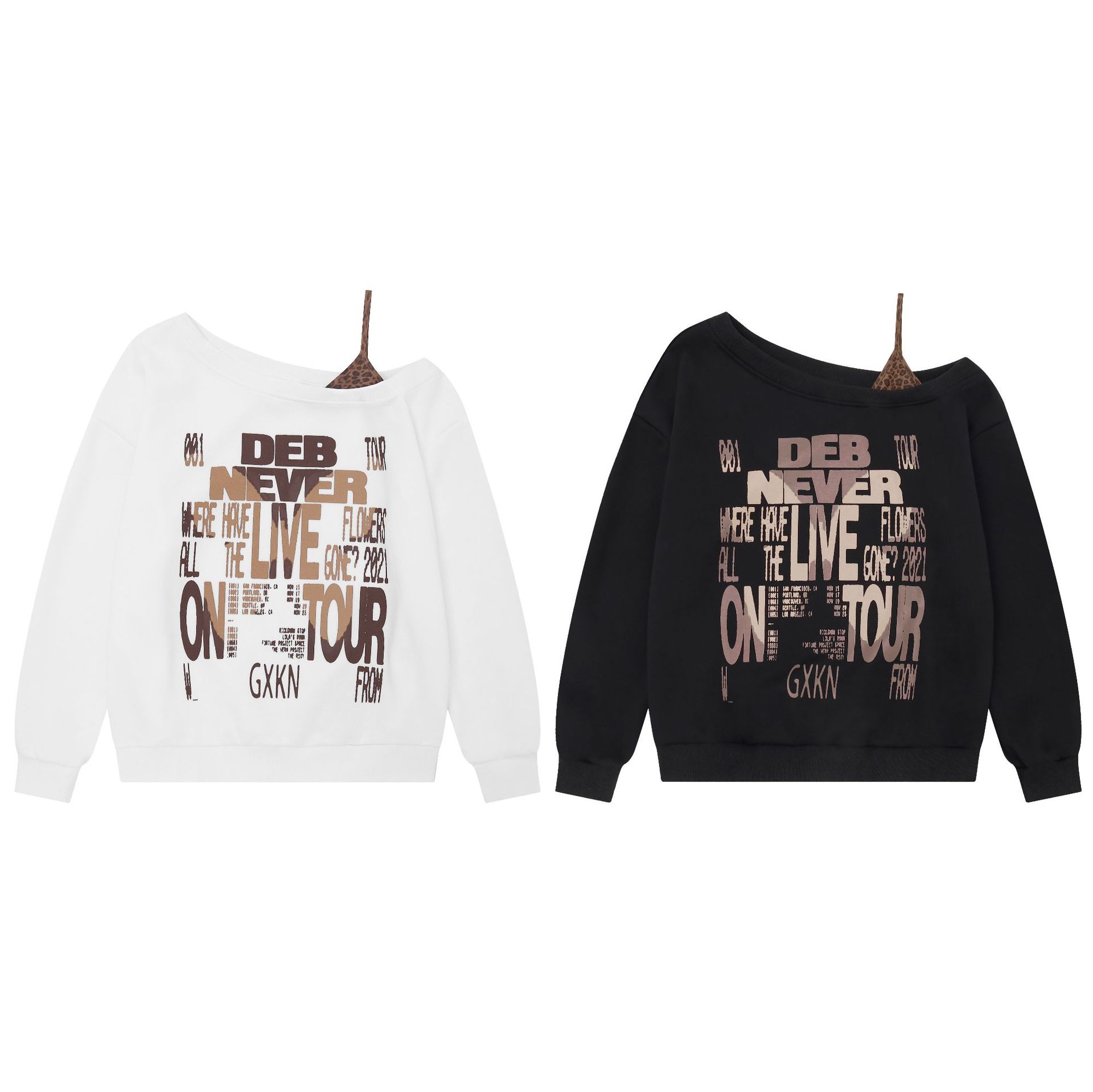 Loose Leopard Print Letter Print Off Shoulder Long Sleeve Sweatshirt Women — image 5