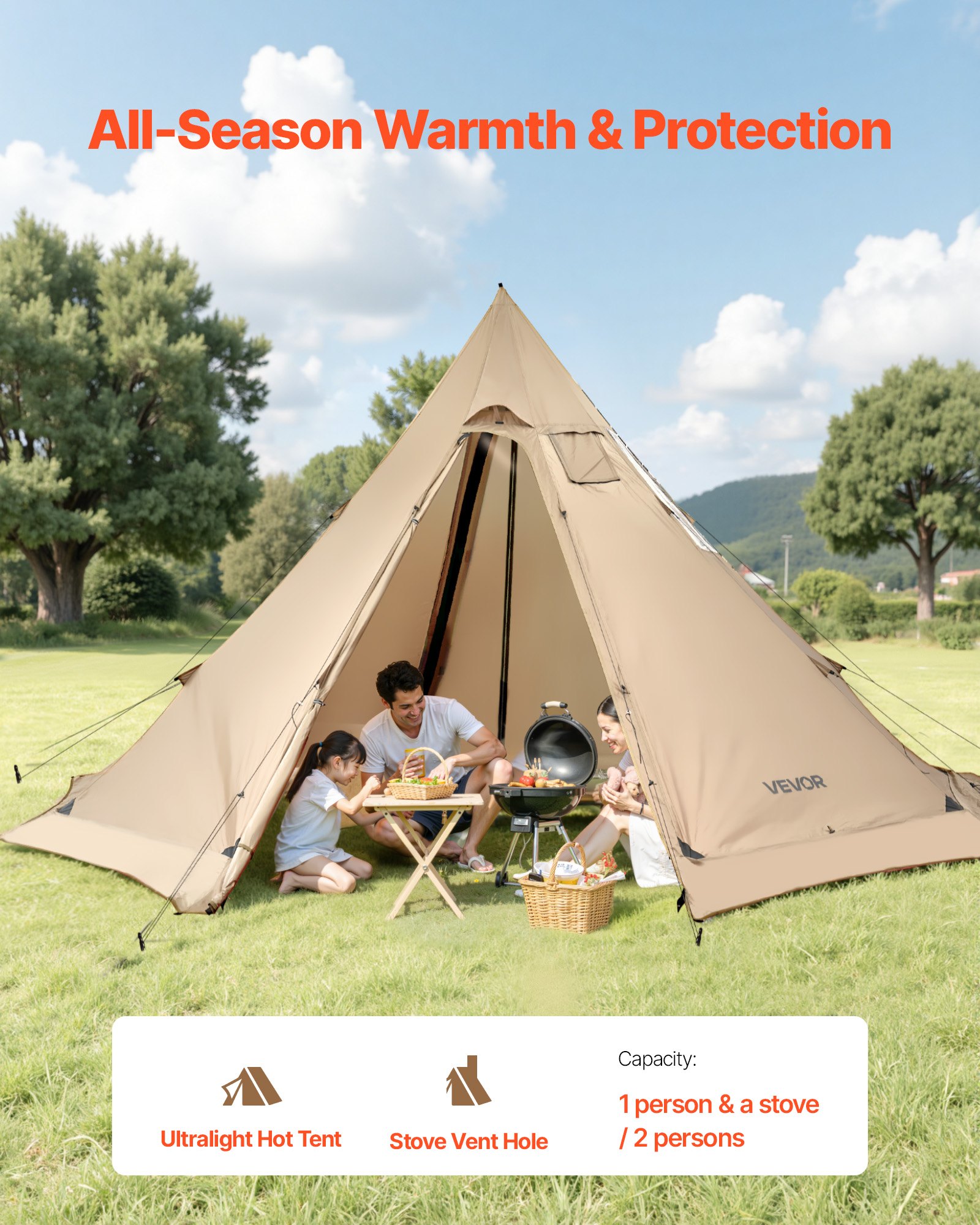 Tenda Caliente para 4-6 Personas, Tenda Portátil de Invierno con Abertura para Estufa, Tela Acabada Impermeable para Camping, Ligera y Resistente a Vientos para Excursiones, Pesca y Senderismo — imagen 3