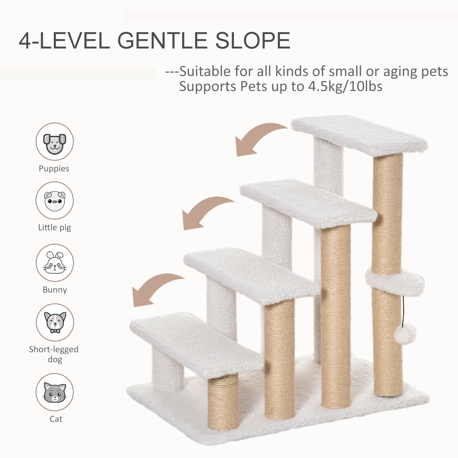 Escalones para Gatos de 4 Niveles con Postes Rascadores para Cama Alta, Sofá, Blanco — imagen 8