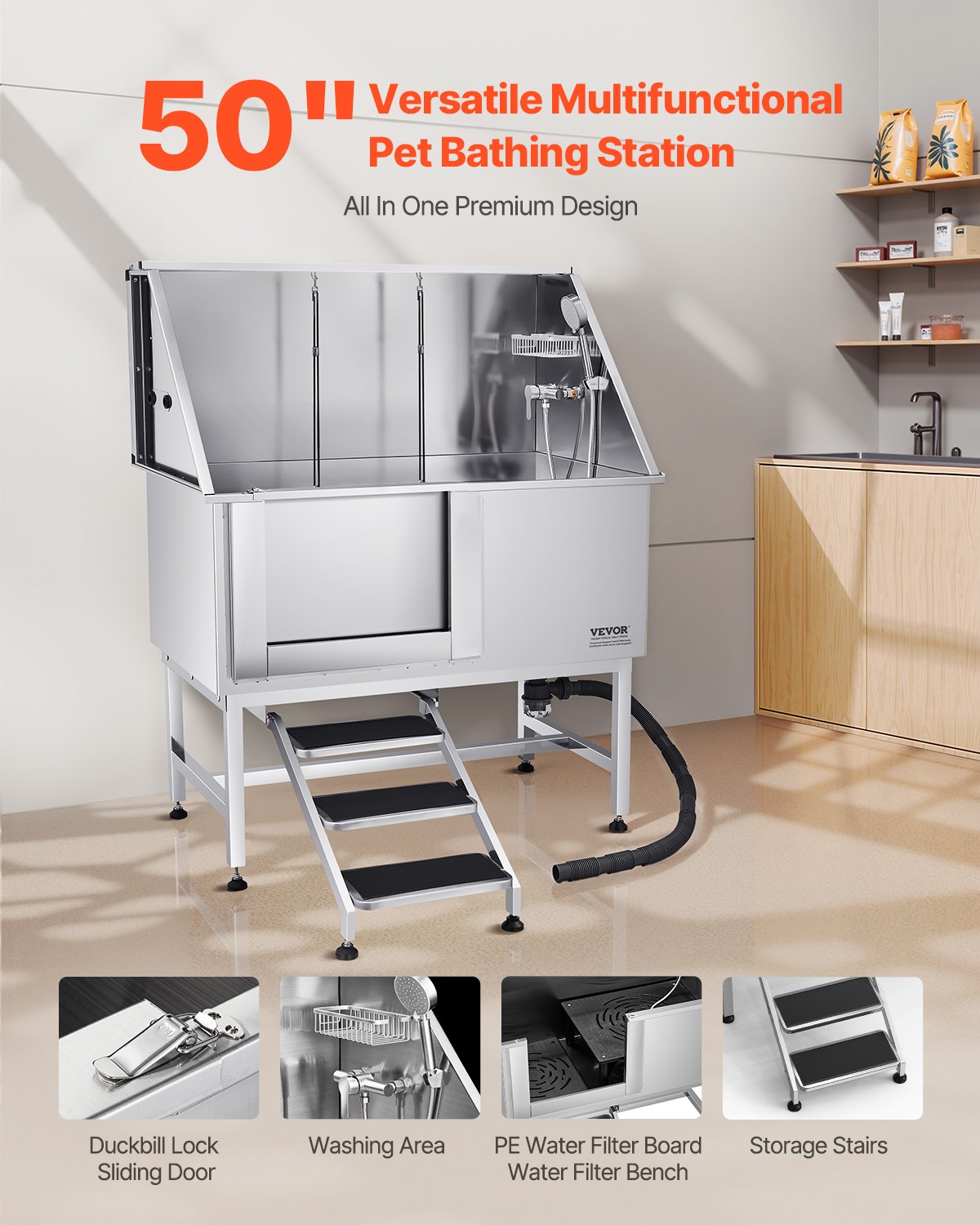 Baño de Aseo para Perros en Acero Inoxidable con Escaleras y Filtro de Agua Izquierdo — imagen 8