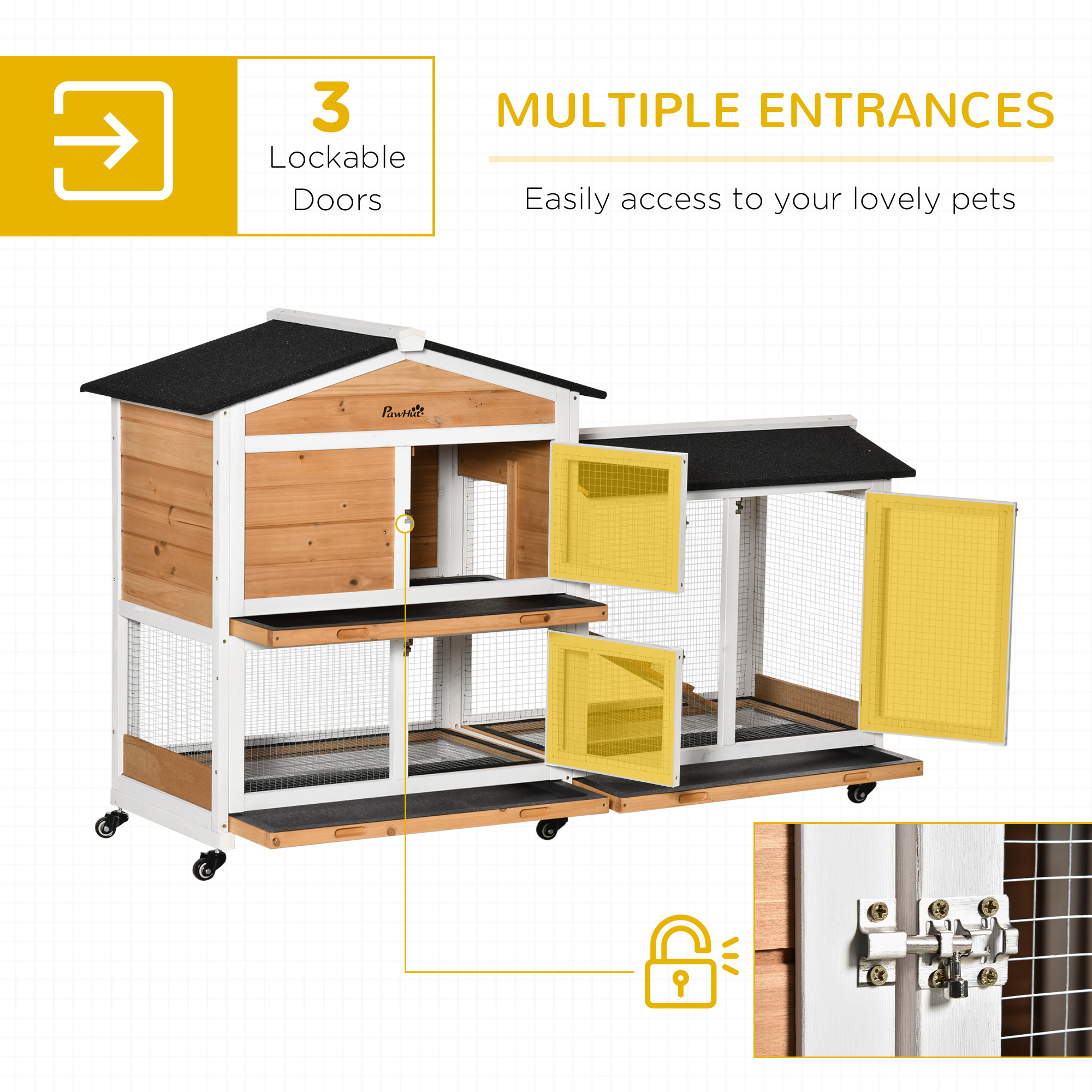 62" Wooden Mobile Rabbit Hutch with Wheels, Run Box, Slide-out Tray, Ramp, Yellow — imagen 8