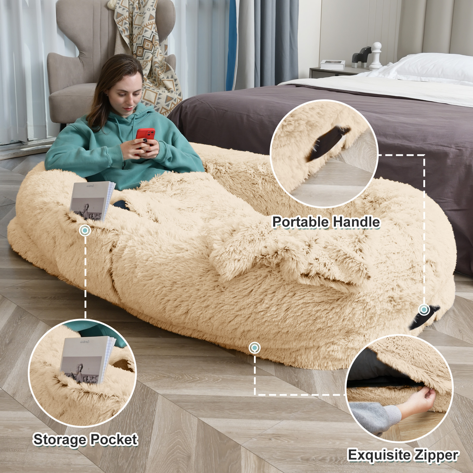 Cama para Humanos y Mascotas - 63'' x 31.4'' x 9.5'' Caja de Descanso con Felpa Sintética Lavable, Soporte Óptimo, Incluye Almohada &amp; Edredón — imagen 3
