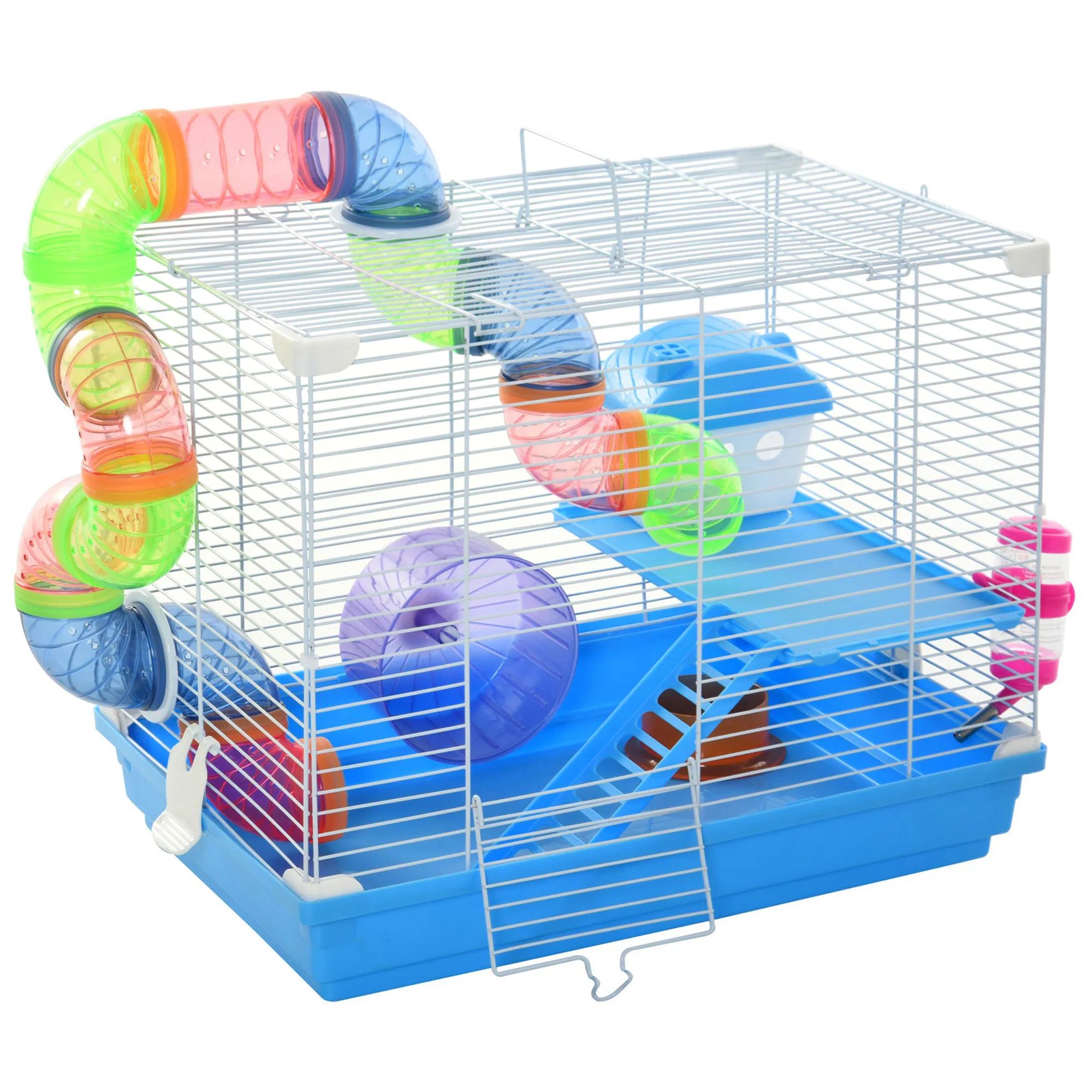 L Hamster Cage, Small Animal House, 2-Level Rat Gerbil Haven with Tunnel Tube System, Exercise Wheel, Water Bottle, Food Dish, Ramp, Blue — image 1