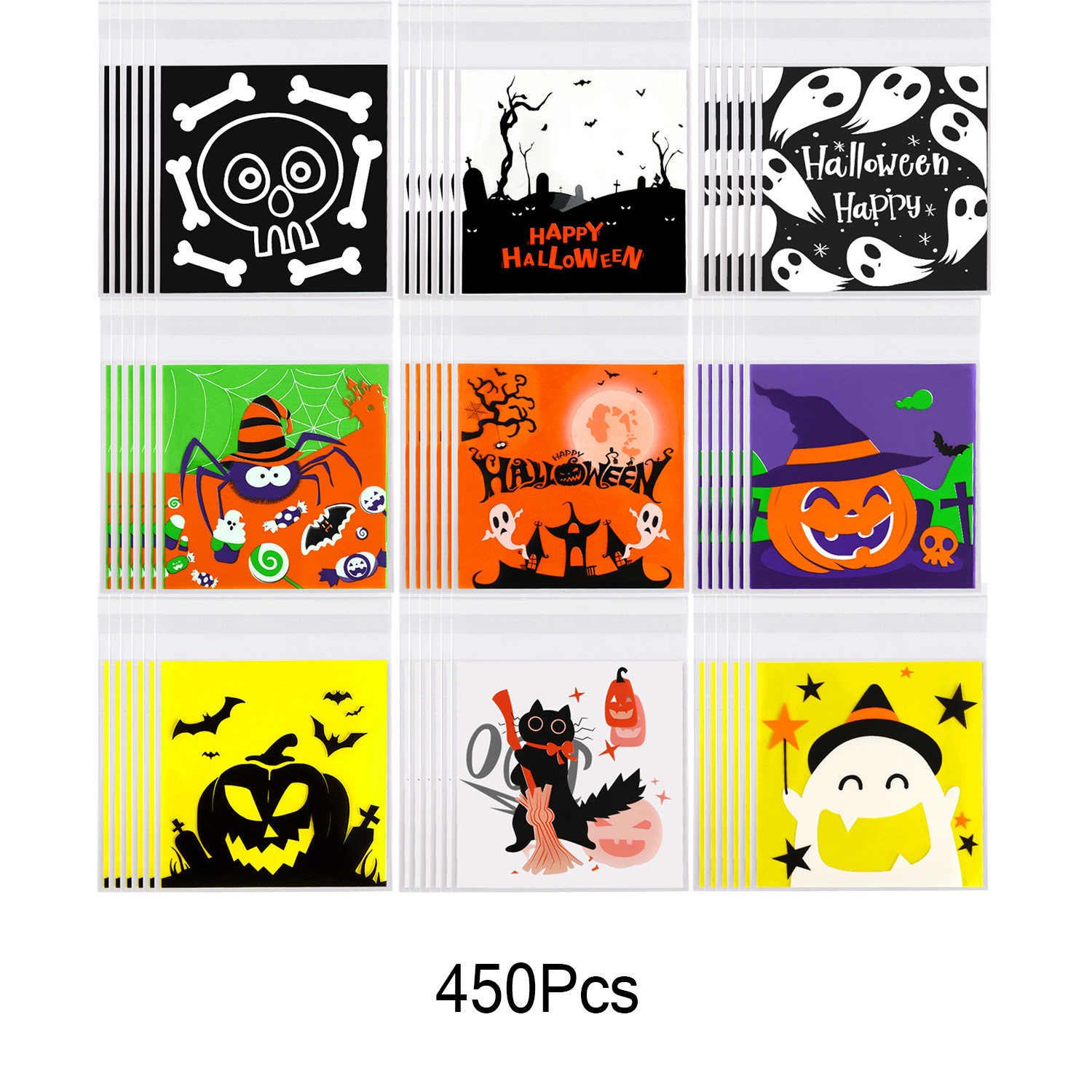 450 bolsas de celofán para dulces de Halloween, autoadhesivas y transparentes, para dulces y galletas, diseño de calabaza, fantasma, gato negro y calavera, bolsas de truco o trato para fiestas de cumpleaños y Halloween — imagen 3
