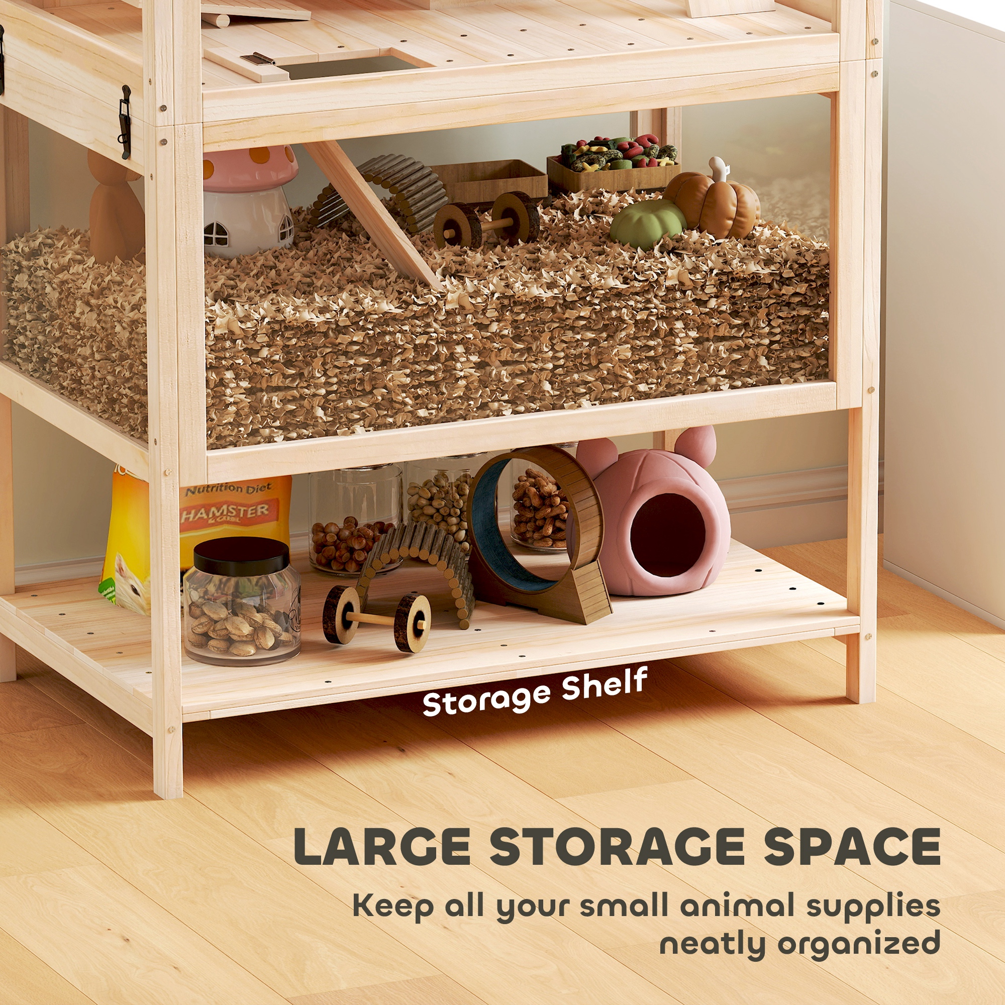 Caja de Madera para Hámsters con Piso Inferior Desmontable, Estante de Almacenamiento, Cueva, Balsa, Rueda de Ejercicio y Rampas para Hámsters Enano — imagen 3