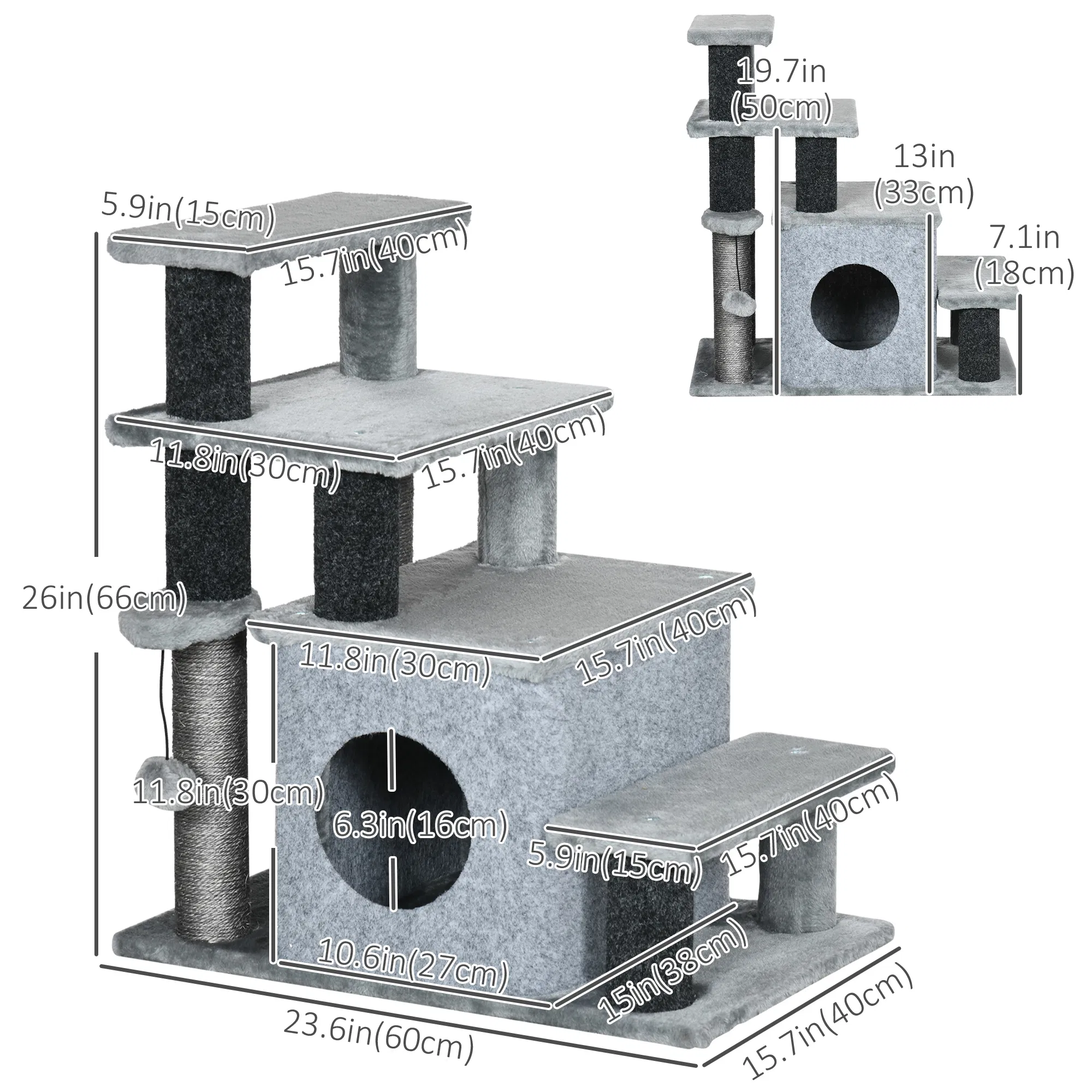 Cat Stairs Pet Steps for Couch Bed with Scratching Posts Condo Ball Toy, 23.6" x 15.7" x 26", Grey — image 2