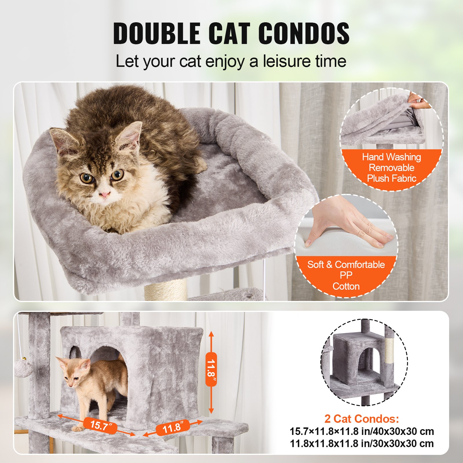 Cat Tree For Indoor Cats, 68.5" Cat Tower With 2 Cat Condos, Sisal Scratching Post, Hammock, Top Perch, Jumping Platforms, Large Cat Furniture Activity Center With Hang Ball, Light Grey — image 5