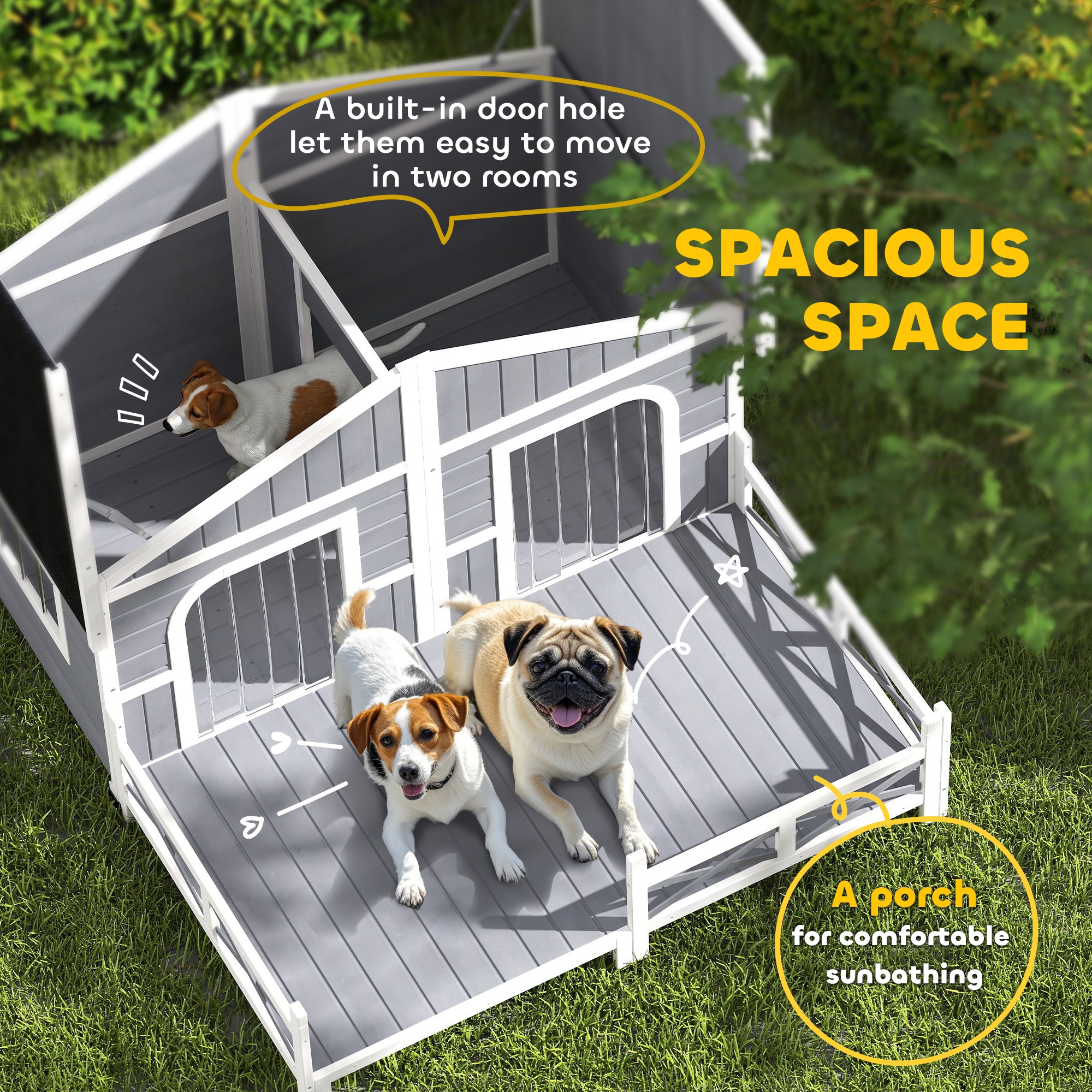 Casa para Perros Exterior, Caja de Madera para Mascotas con Porche, Techo Abordable, Base Elevada y Habitación doble para 2 Razas Pequeñas a Medianas — imagen 5