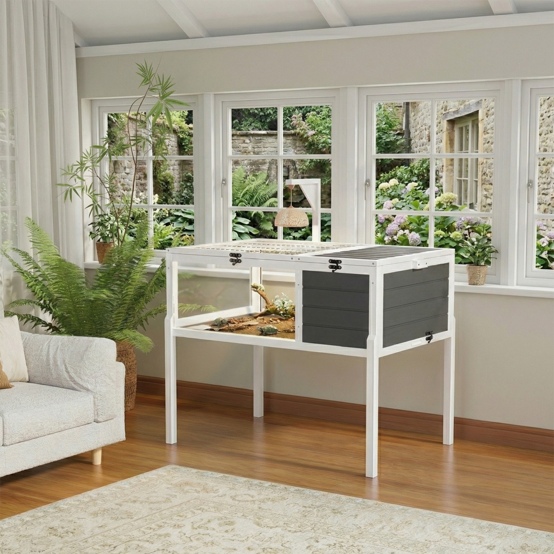 Hábitat de Reptiles Casa para Tortugas con Soporte de Lámpara, Gran Ventana de Observación, 2 Platos Impermeables, Patas Desmontables, Encierro de Madera Fácil de Limpiar para Tortugas, Lagartos, Geckos y Pequeños Animales Interior y Exterior — imagen 5