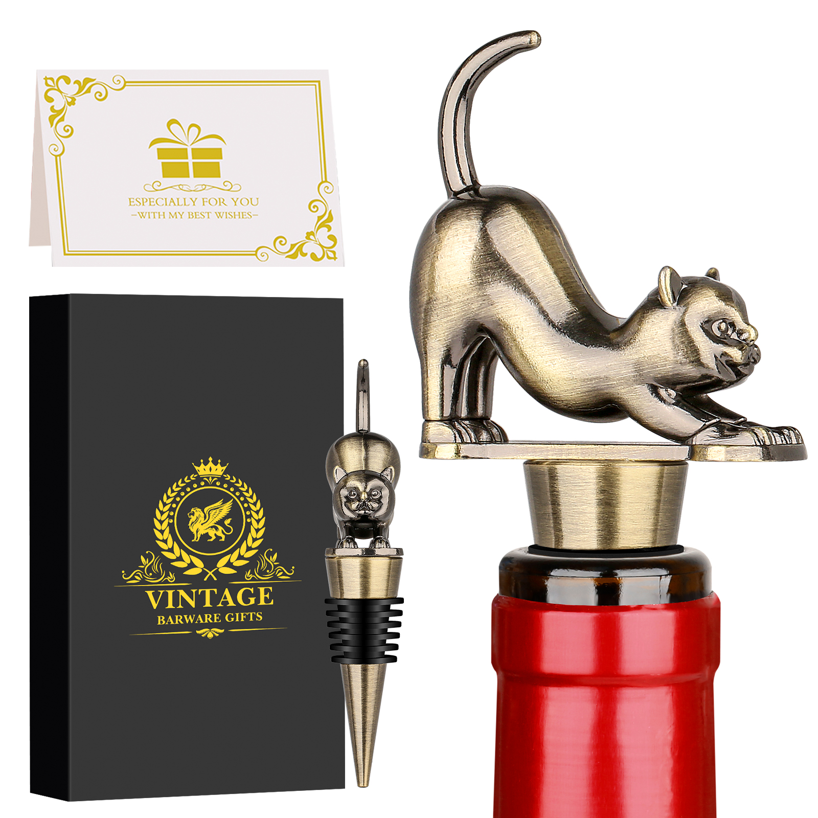 Conjunto de Tapones de Vino con Forma de Gato con Luster Metálico, Regalo en Caja de Presentación para Enthusiastas del Vino — imagen 3