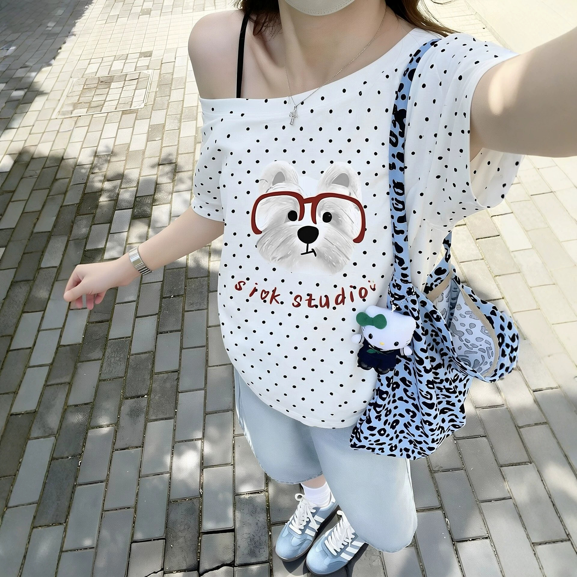 Dog Print Polka Dot Asymmetrical Shoulder Short Sleeve T-Shirt — image 4