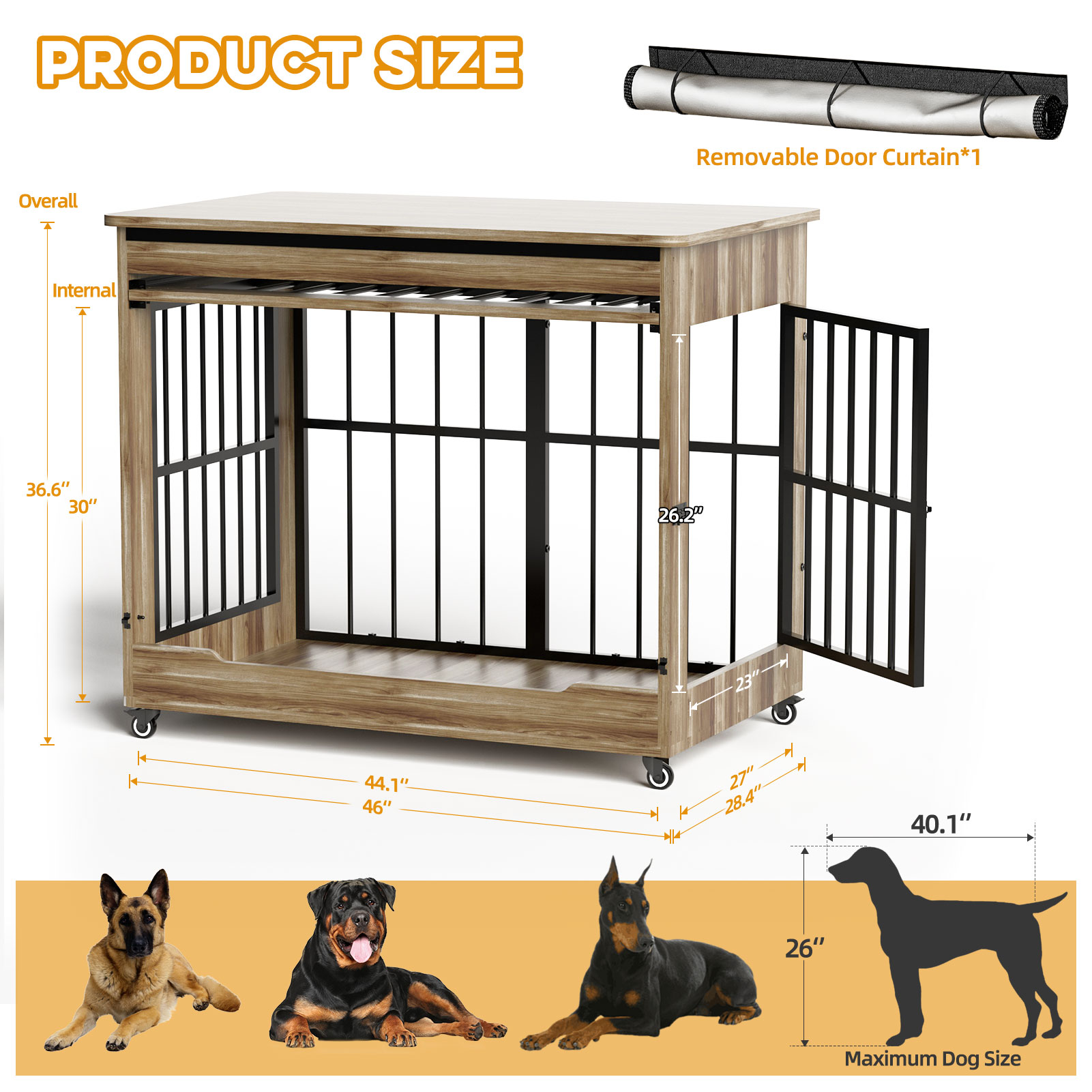 Large Dog Crate Furniture, Double Door Wooden Indoor Dog Kennel Furniture, Decorative Pet Cage End Table With Wheels For Extra Large Breed Dogs, Size 2XL, Greige — image 17