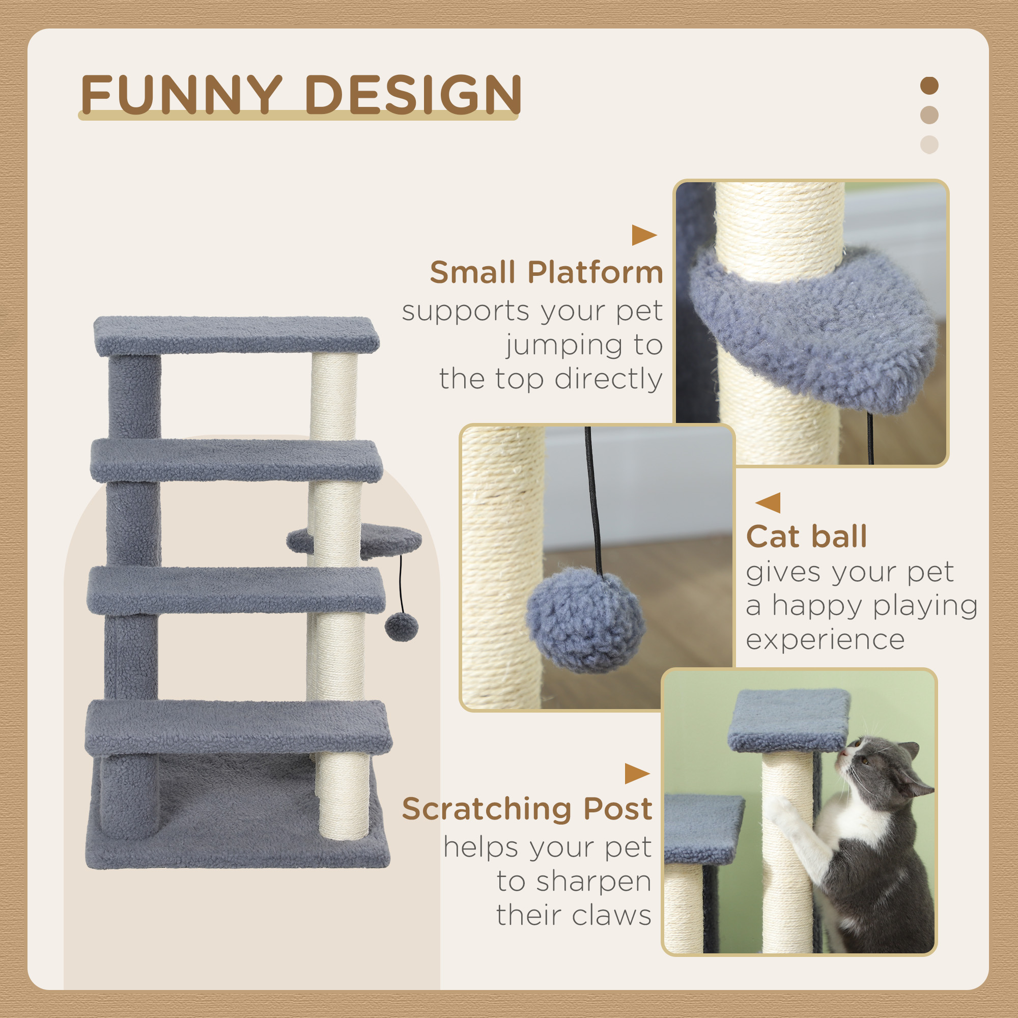 Escalones para Gatos de 4 Niveles con Postes Rascadores para Cama Alta, Sofá, Gris — imagen 2