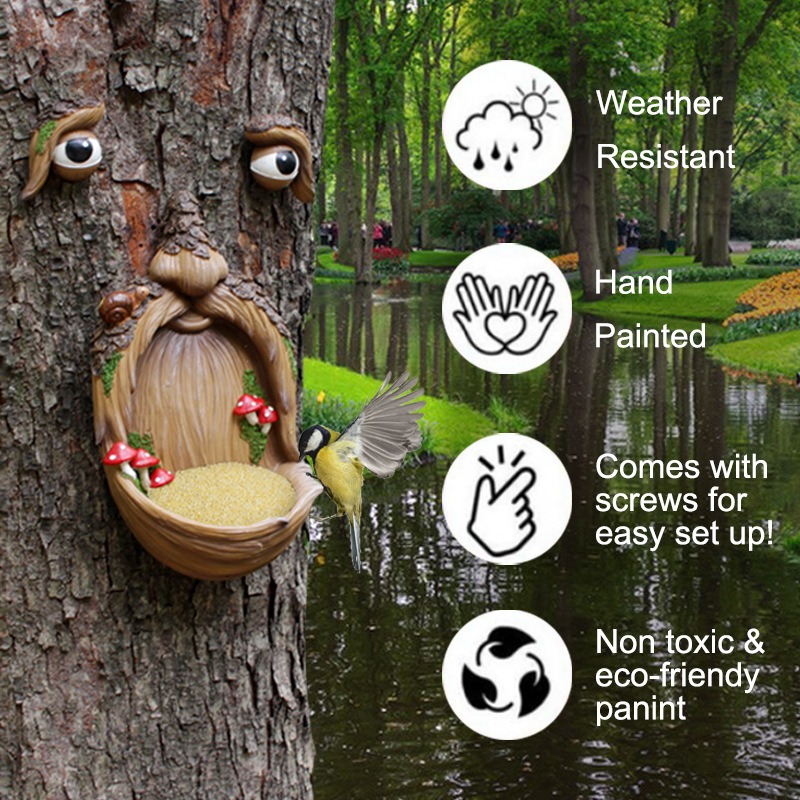 Lámpara colgante de comedero para pájaros con cara de árbol y hongos, diseño creativo de corteza de árbol, monstruo de árbol, rasgos faciales, artesanía, decoración exterior — imagen 3