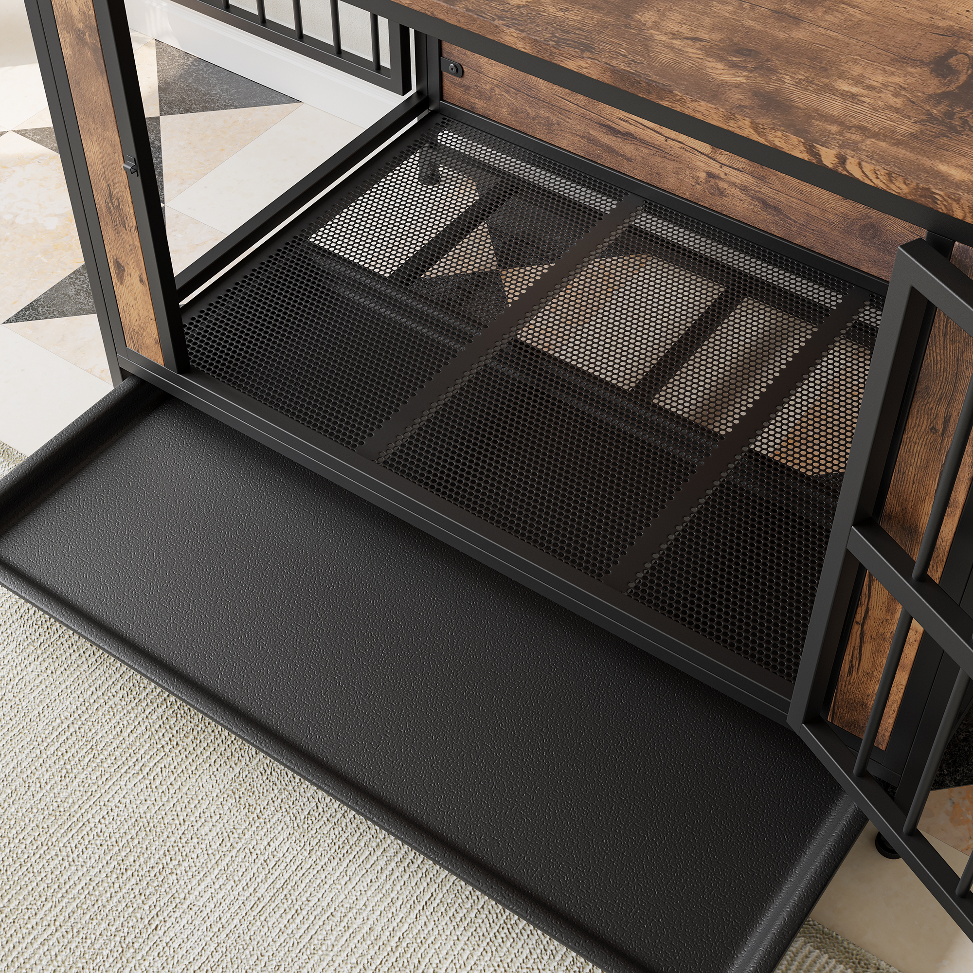Mueble para Perros, Mesa de Caja para Perros en Madera, 38,9" Casa para Perros con 2 Puertas Deslizantes y Marco de Puerta de Hierro Grueso, Decorativo Refugio para Perros Grande/Medio/Pequeño para Uso Interior (Marrón Rustico) — imagen 11