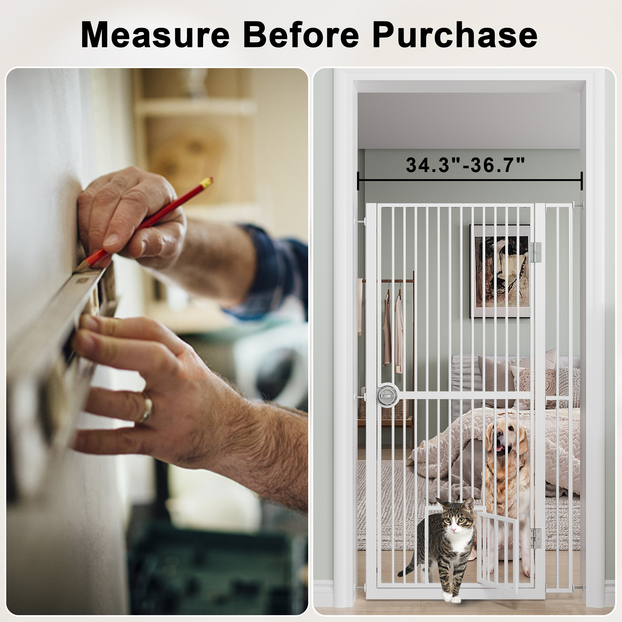 Puerta para Gatos Extra Alta de 61 Pulgadas para Pasillo, Ampliable desde 34.3'' hasta 36.7'' con Kit de Extensión de 4.13'', Ideal para Pasillos o Cocinas, Kit de Montaje sin Taladrar, Blanco — imagen 4